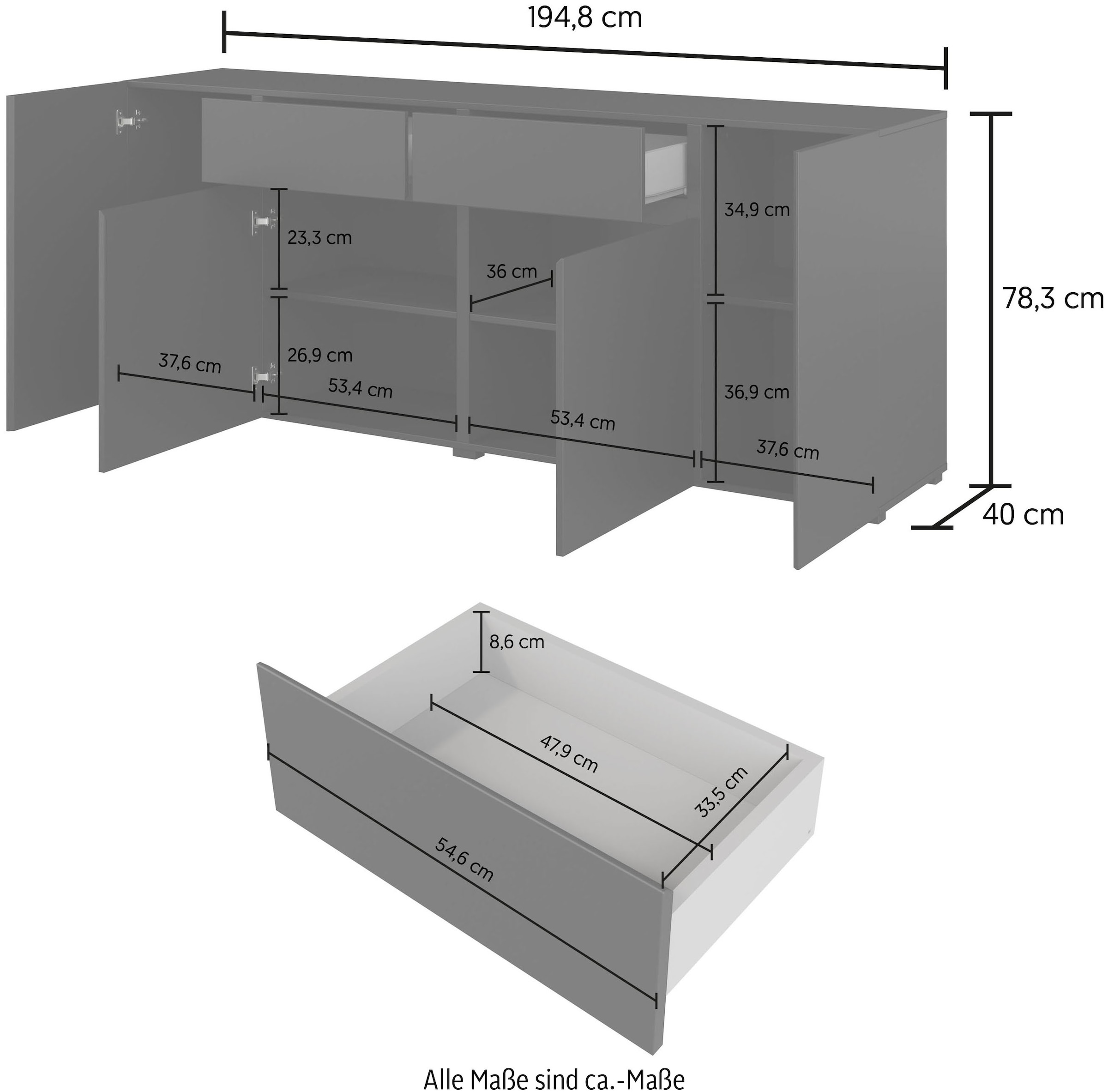 INOSIGN Sideboard »Metric,Breite 195 cm, grifflose Kommode 4 Türen/2 Schubkästen« Schubladenschrank mit viel Stauraum, Einlegeböden verstellbar