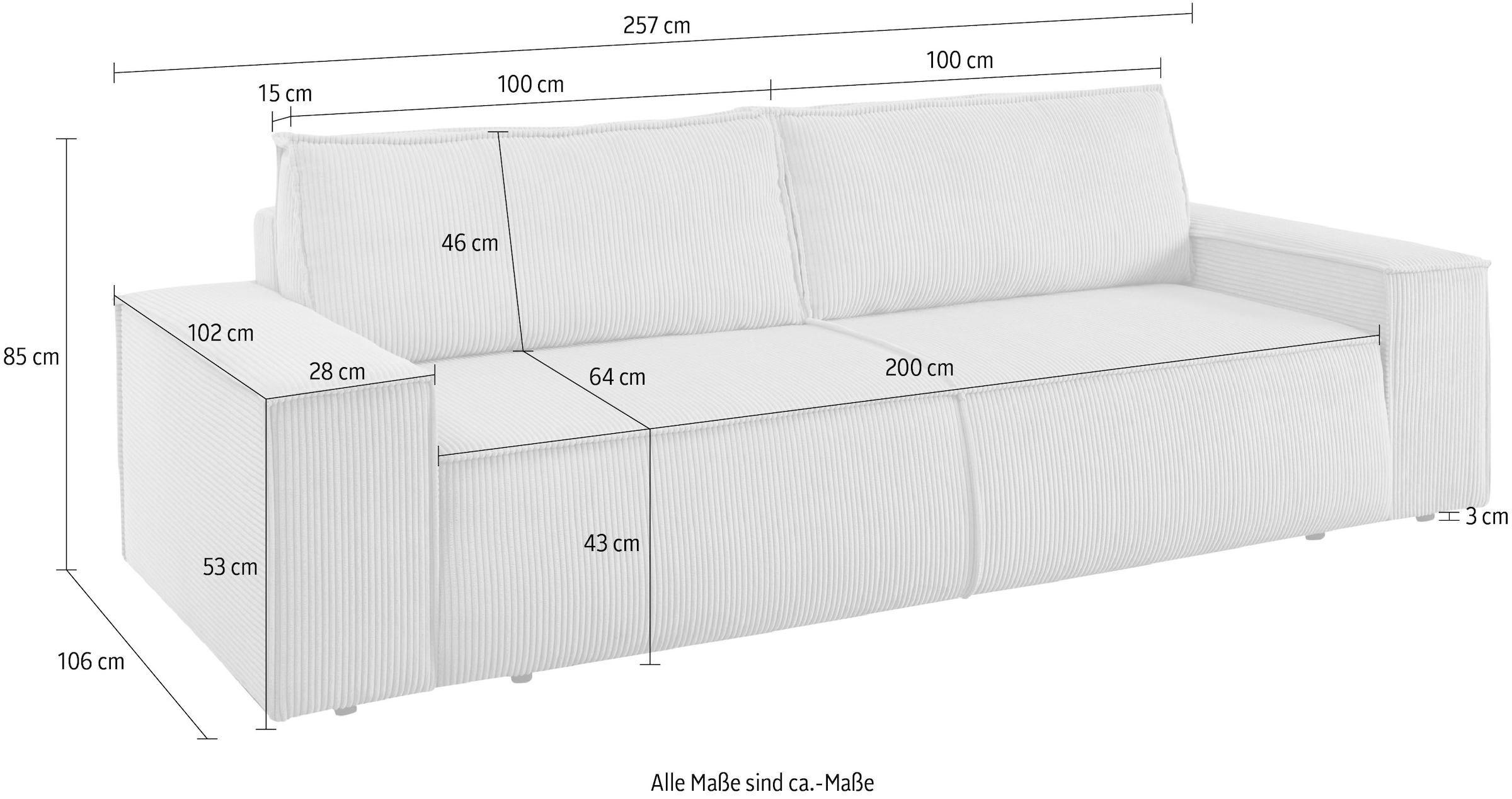 GOODproduct 3-places »SHERWOOD Schlafsofa (257cm) Cord, Samtvelours, Vintage-Lederoptik« Schlaffunktion mit Bettkasten (ca. 136/200cm)