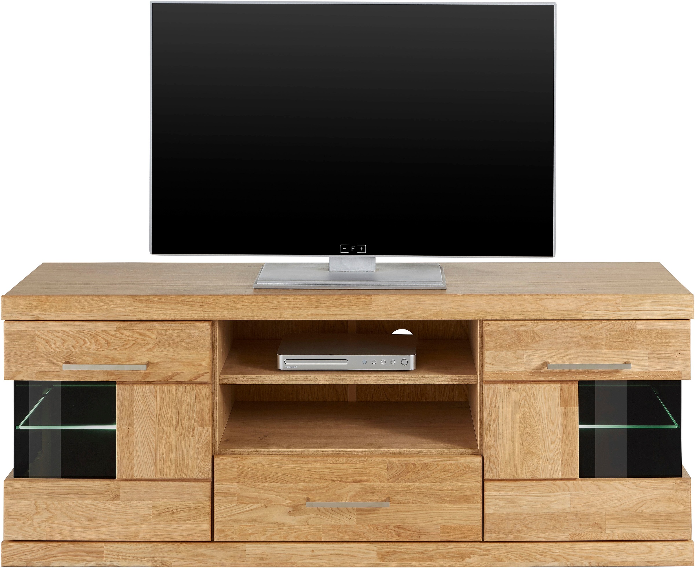 Image of GOODproduct Lowboard "Ribe,140cm breit, Fronten Massivholz,6 Fächer,Kabeldurchführung" Korpus Holzwerkstoff,Glaseinsatz aus gehärtetem Glas,Böden versetzbar