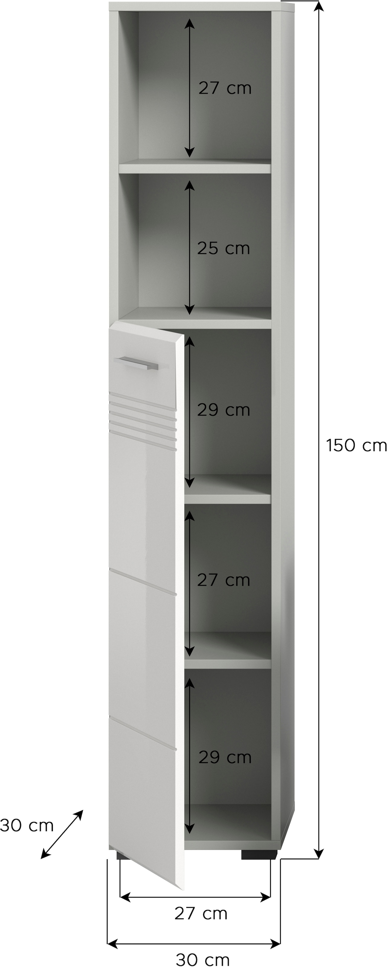 welltime Armoire haute »Calcio, Höhe 150 cm , 1 Tür, 2 offene Fächer, 3 Einlegeböden« Türanschlag wechselbar, MDF Front, Badschrank, Bad-Möbel, Badezimmer
