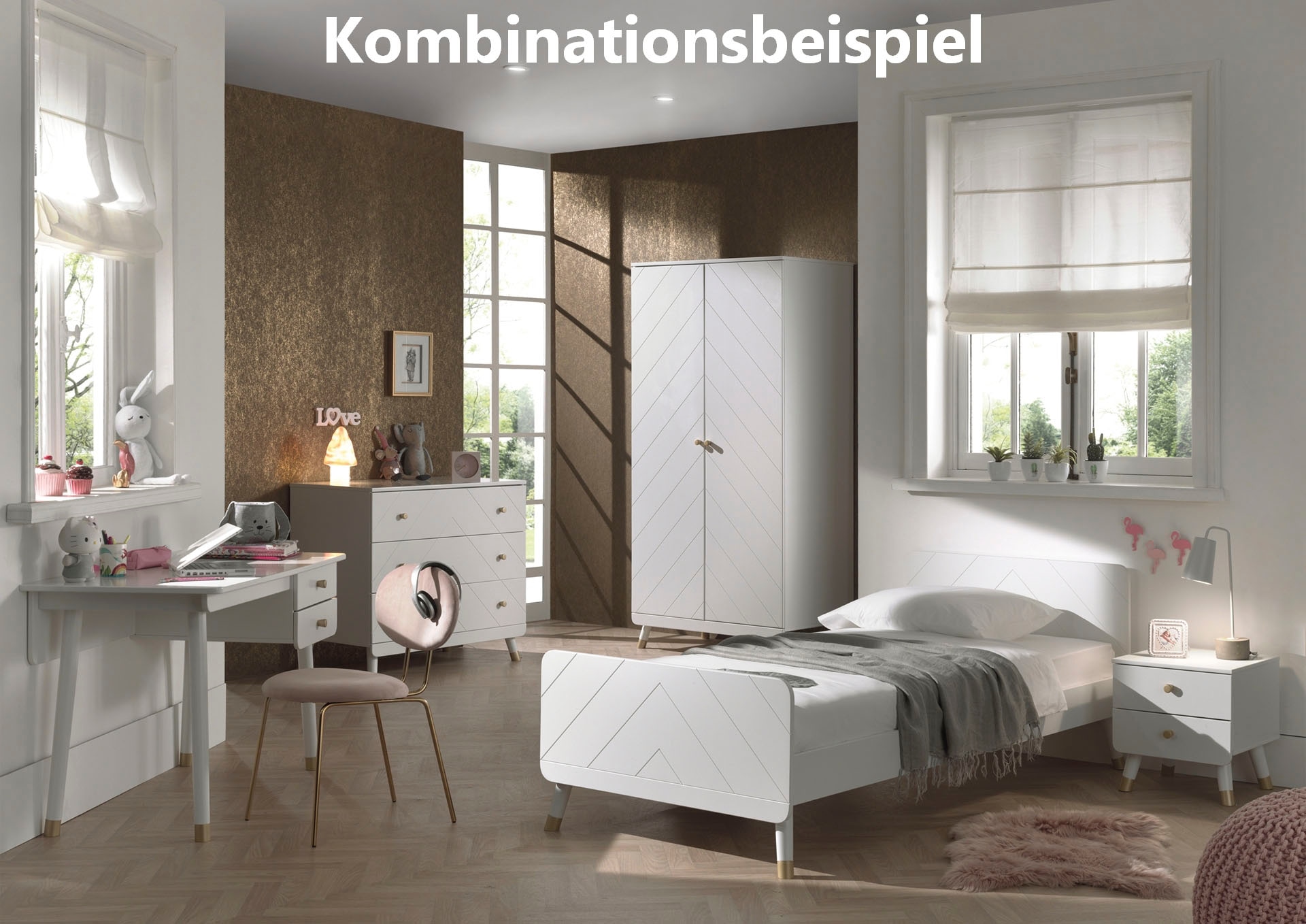 Vipack Kinderschreibtisch »Billy, mit grosser Arbeitsfläche und 2 Schubladen für Schreibutensilien« B/H/T ca. 125x60x75,2cm, moderne Optik mit gerundeter Schubladenfront,  Goldefarbene Knöpfe, der Korpus ist MDF weiss lackiert