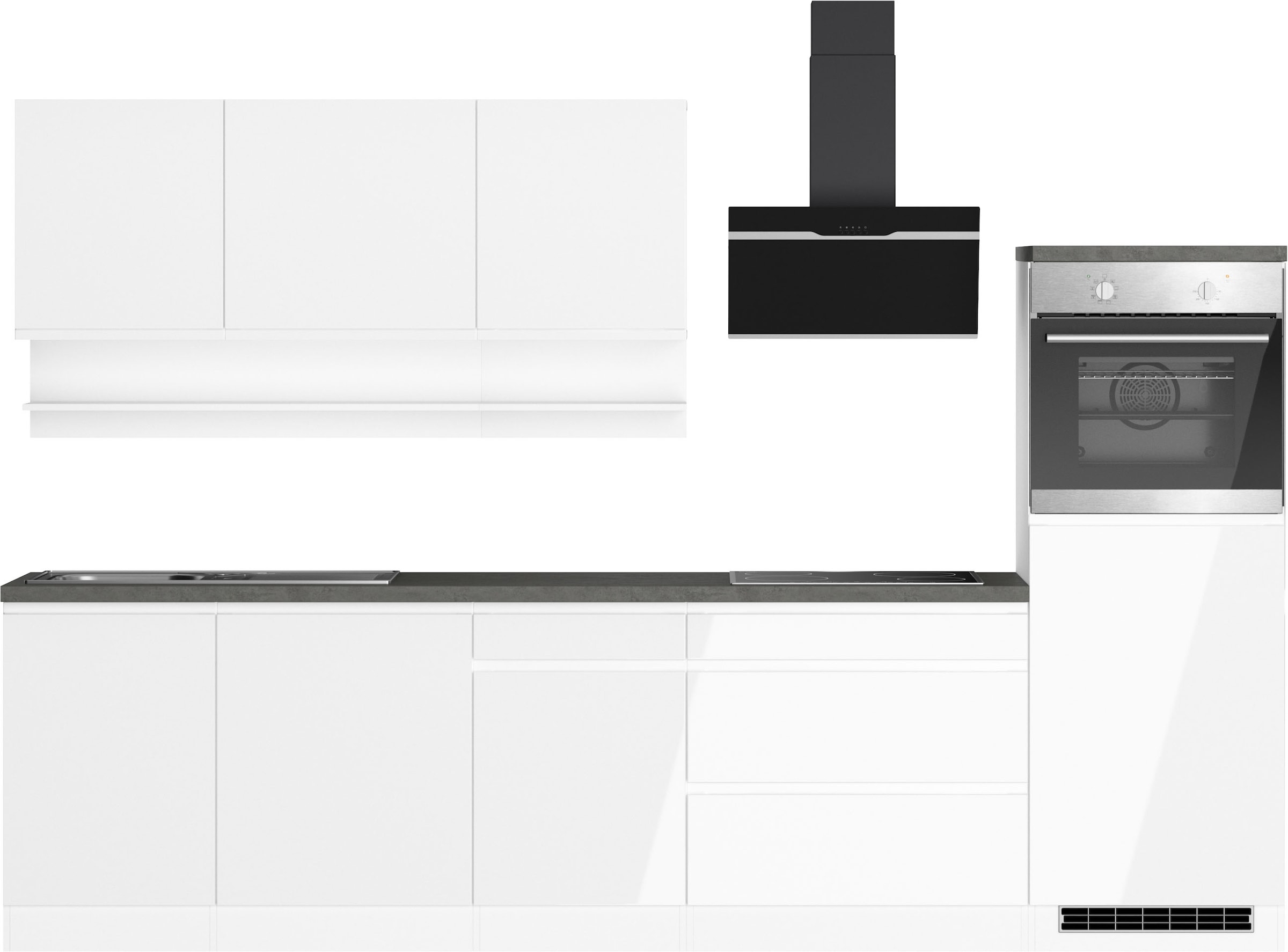 KOCHSTATION Kitchenette »KS-Virginia,neu in verbesserter Ausführung« plan de travail épaisseur 38 mm, rangement, fermeture douce,  largeur 300 cm, fermeture douce, avec appareils électriques en option