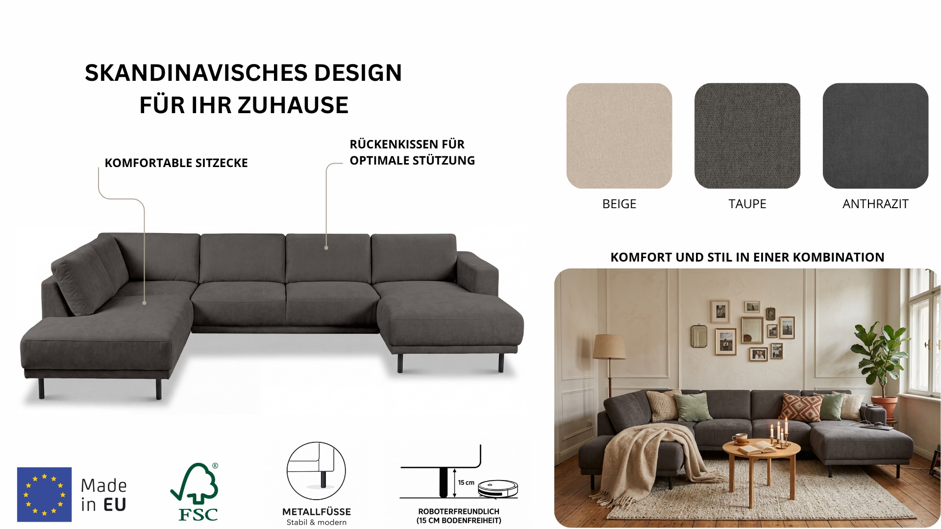 GOODproduct Paysage de salon »Sveeva, U-Form, XXL, B.310 cm, schwarze Metallfüsse« langlebiger Strukturstoff, mit Wellenunterfederung, viele Farben