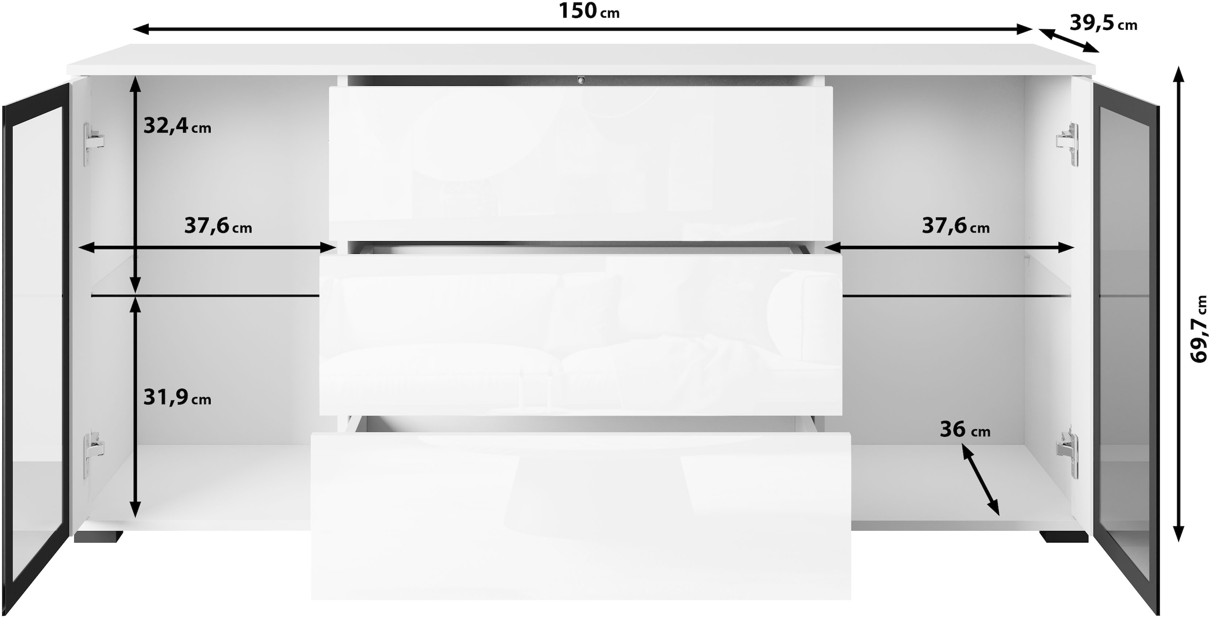Home affaire Sideboard »modernes Design mit Glaseinsätzen und 3 Schubladen, Breite 150 cm« 1 Stk. tlg. Grifflose Fronten mit Push-to-Open, höhenverstellbare Einlegeböden,