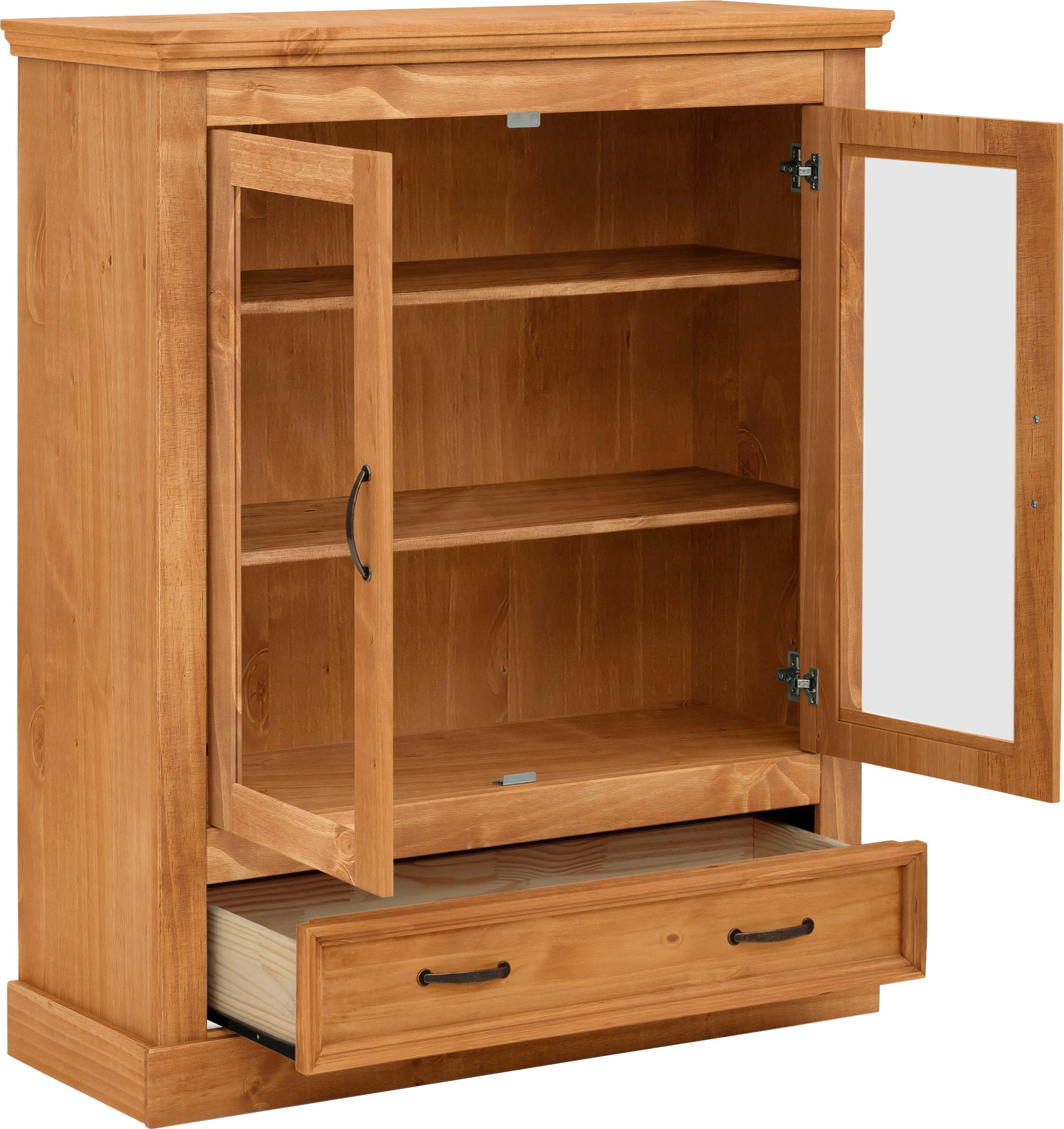 Home affaire Vitrine »Selma Highboard« aus massivem Kiefernholz, mit Griffen aus antikisiertem Metall