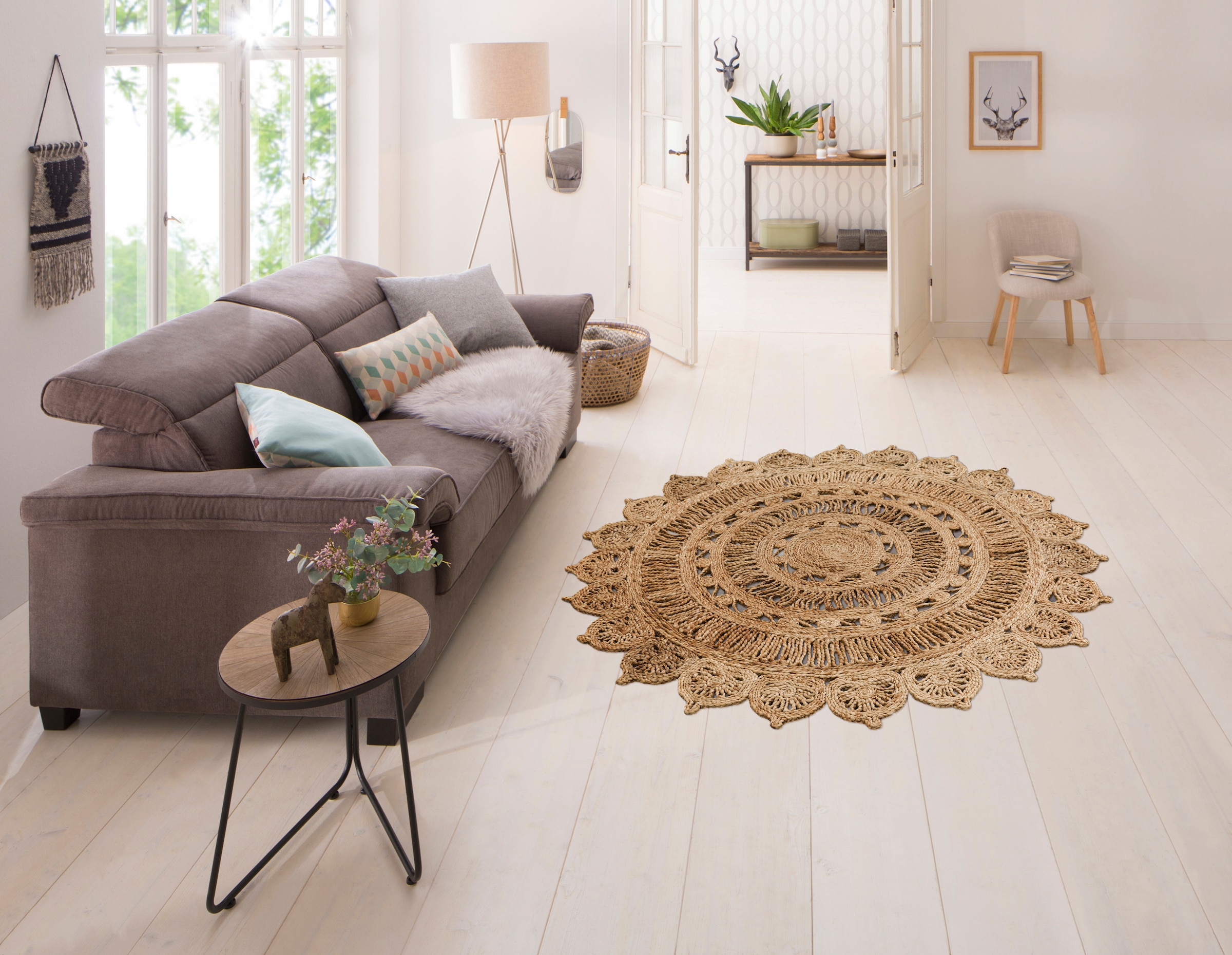 my home Teppich »Amar«, rund, 7 mm Höhe, geflochtener Wendeteppich, 100% Jute, Boho Stil, Wohnzimmer, Esszimmer