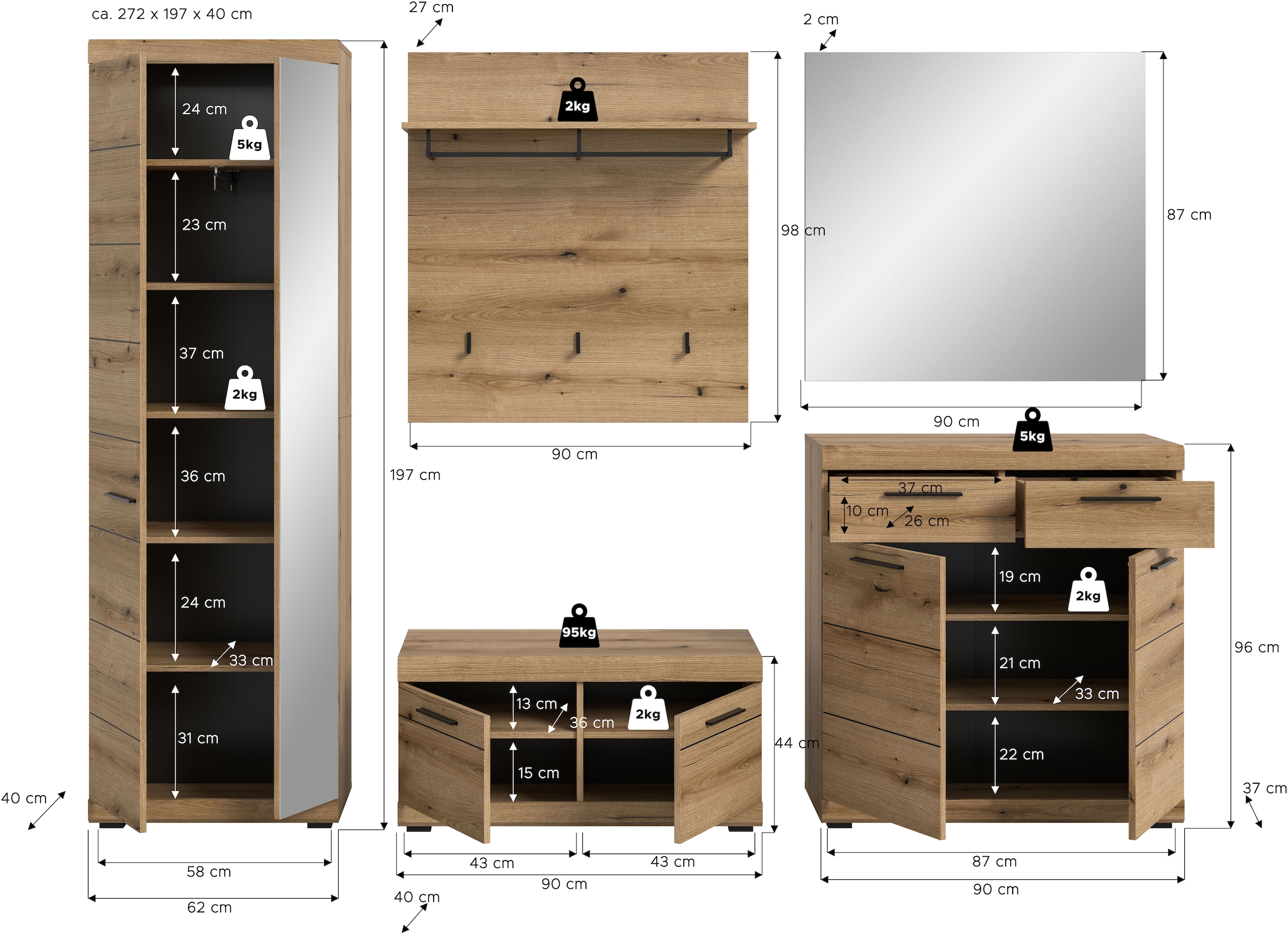 INOSIGN Garderoben-Set »SIENA, Breite 272 cm, 5-teiliges Set, individuell stellbar« Komplett-Set, best.aus: Garderobenschrank, Sitzbank, Paneel, Schuhschrank & Spiegel, 5 Stk. tlg.