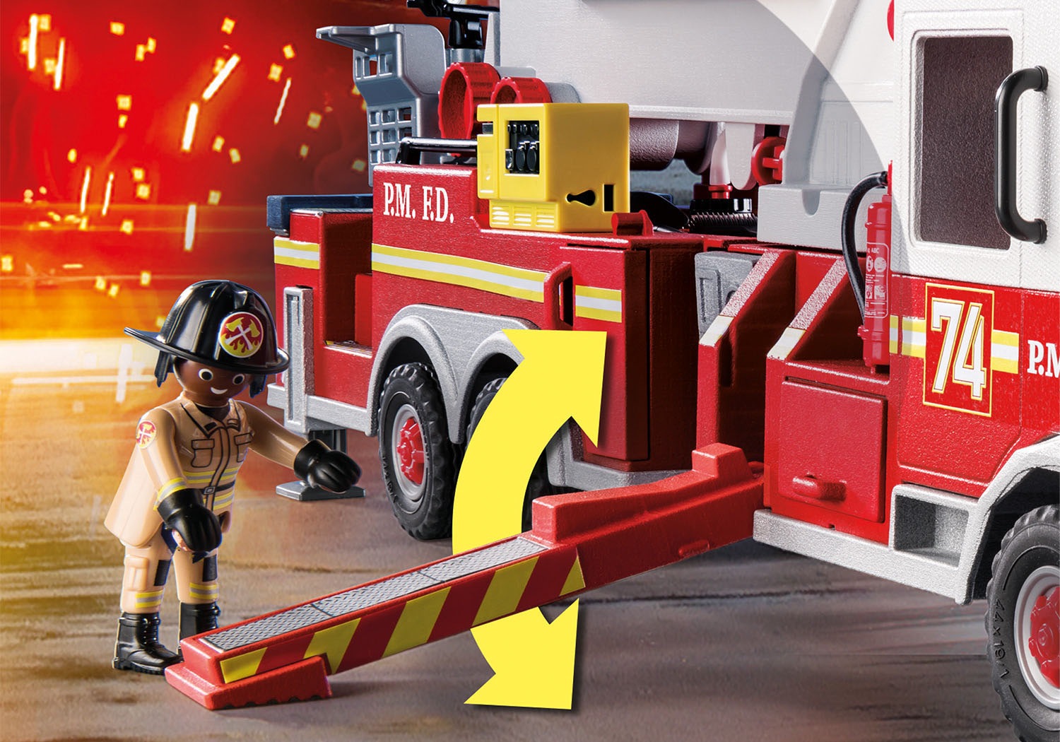 Playmobil® Konstruktions-Spielset »Feuerwehr-Fahrzeug: US Tower Ladder (70935), My Action Heroes«, (113 St.), mit Licht- und Soundeffekten, Made in Germany