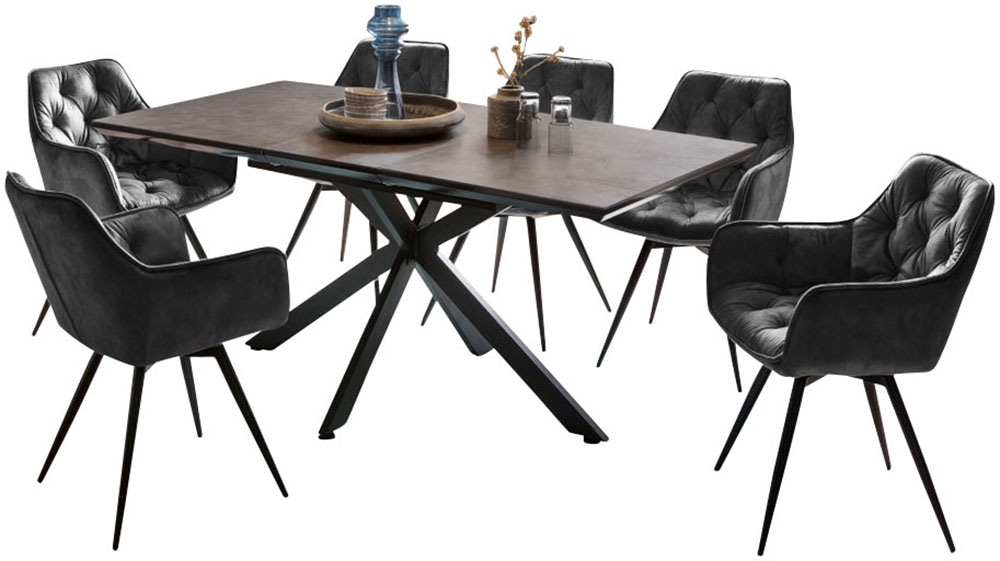 Image of HELA Essgruppe "HAVEL" 7 Stk. tlg. Tisch 140-180x90 cm, Synchronauszug, Stuhl 360 drehbar, Armlehnen