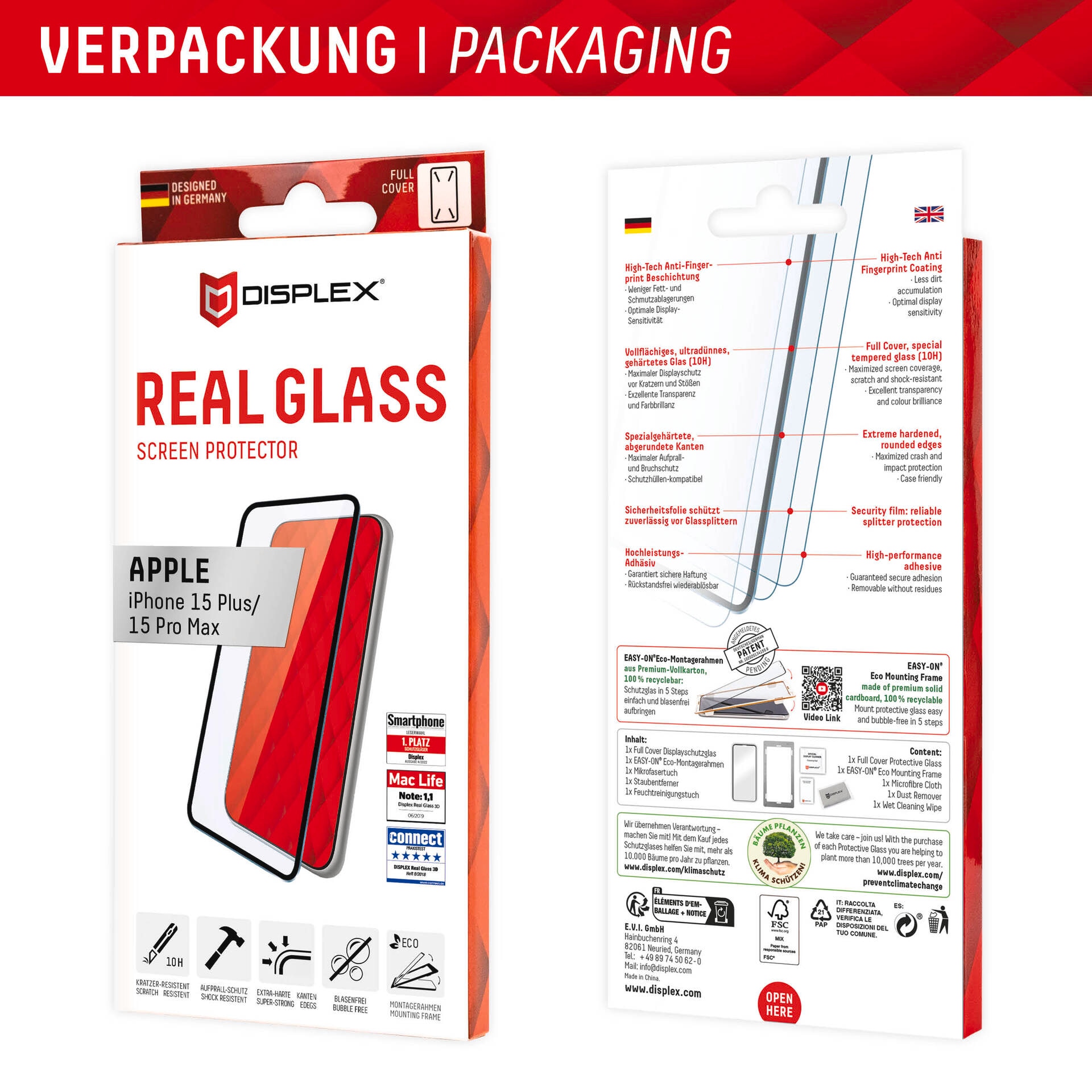 Displex Verre de protection d'écran »Real Glass FC« für Apple iPhone 15 Plus;Apple iPhone 15 Pro Max film de protection d'écran, résistant aux rayures 10H, incassable