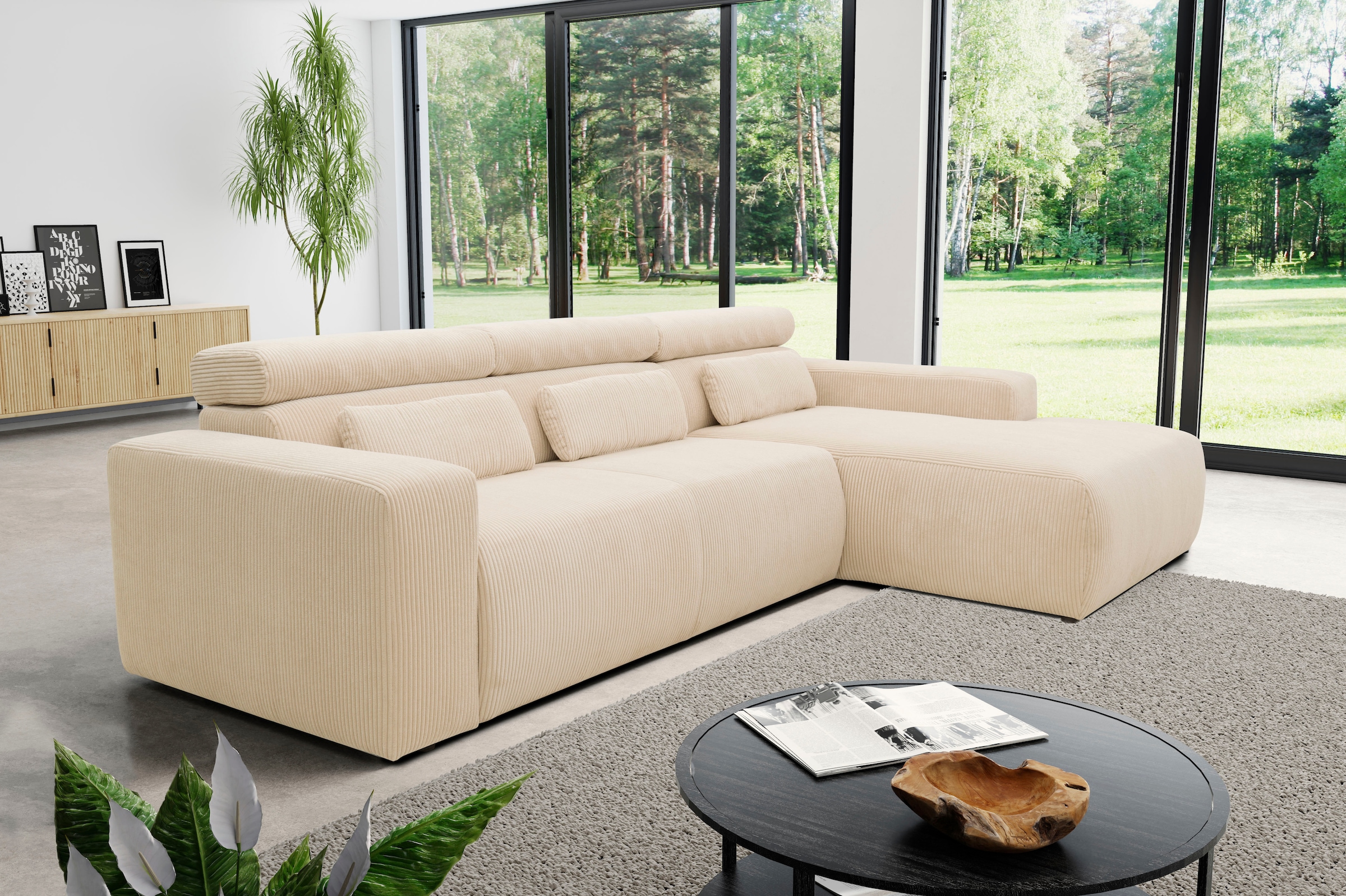 Image of DOMO collection Ecksofa "BRANDON 289x177 cm, belastbar bis 140 kg/Sitz, L-Form" mit Sitztiefenverstellung, Cord, creme