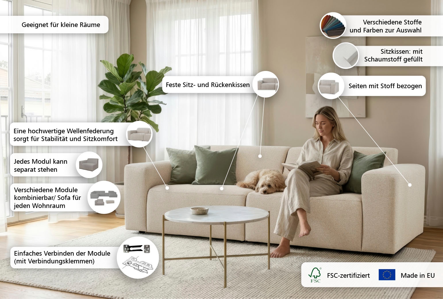 GOODproduct 3-Sitzer »Koa, 228 cm, Modulsofa in Cord, Chenille, Struktur, Webstoff« Designsofa, weicher Lounge-Sitzkomfort, Welleunterfederung, bodentief