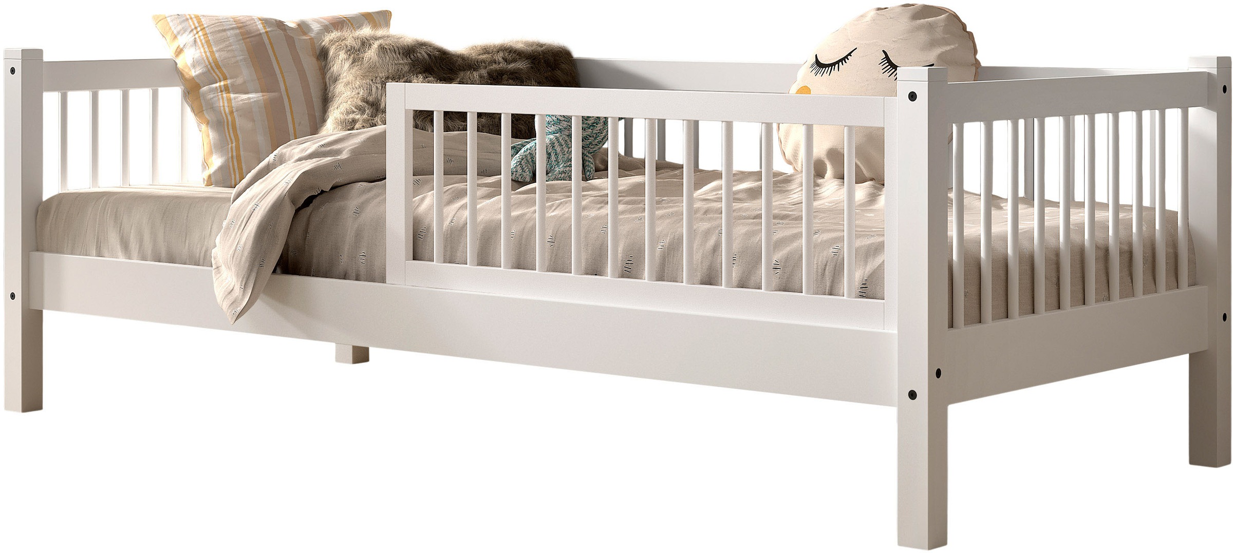 Image of Vipack Daybett "Forrest 90/200 aus massiver Buche stabil gebaut, weiss lackiert" mit Sprossenumrandung, Rausfallschutz vorne, ohne o. mit Bettschublade