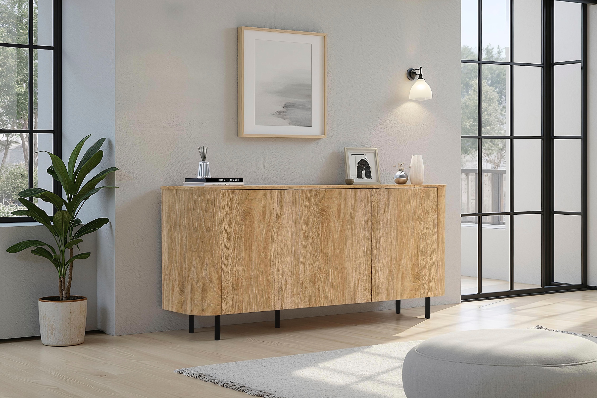Home affaire Sideboard »Murano, 181 cm breit, 3 Türen, Anrichte, Kommode, Stauraumschrank« Formgebogenes MDF, Stirnseiten mit Rundung, Füsse und Griffe aus Metall