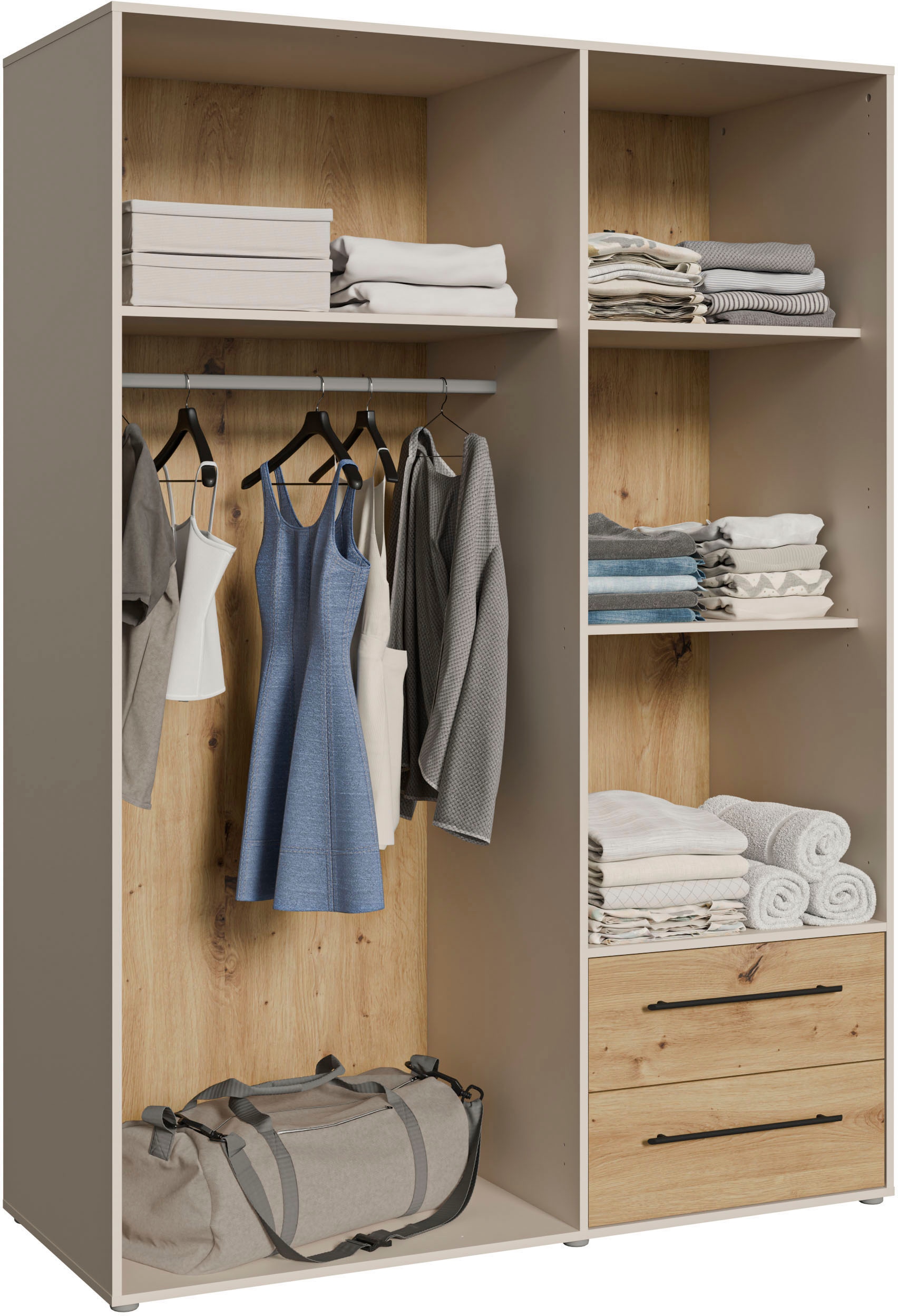 FORTE Kleiderschrank »Mokkaris , Garderobe, zeitloses Design, 3 Türen, Made in Europe« B/H/T ca. 144x200x59cm,  Zwei Schubladen, schwarze Stangengriffe, Stauraum, auch in Schwarz