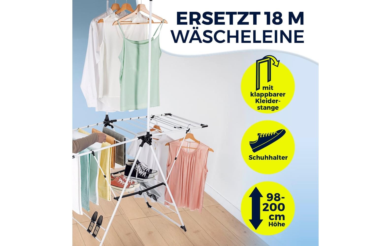 EASYmaxx Séchoir à linge »mit Kleiderstange 2 m« Wäscheständer 38 x 61 x 200 cm schwarz/weiss, klappbar