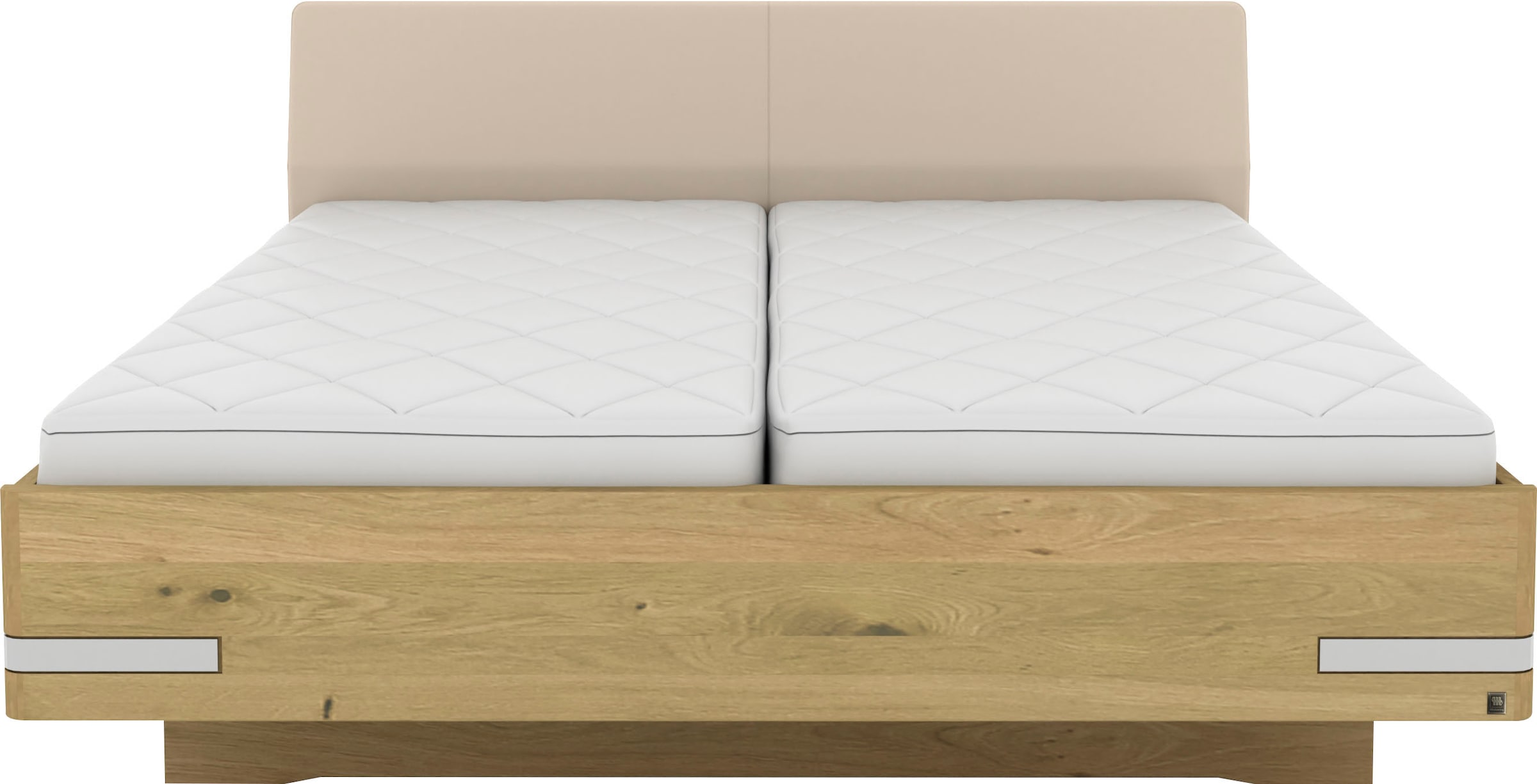 Image of Musterring Holzbett "Savona, Bettgestell, Bettrahmen, teilmassiv Bianco-Eiche" Belastbarkeit 220 Kg, 4-fache Liegehöhenverstellung, MADE IN GERMANY, Kopfteil Kunstleder Champagner, Details in Chrom, verschiedene Grössen
