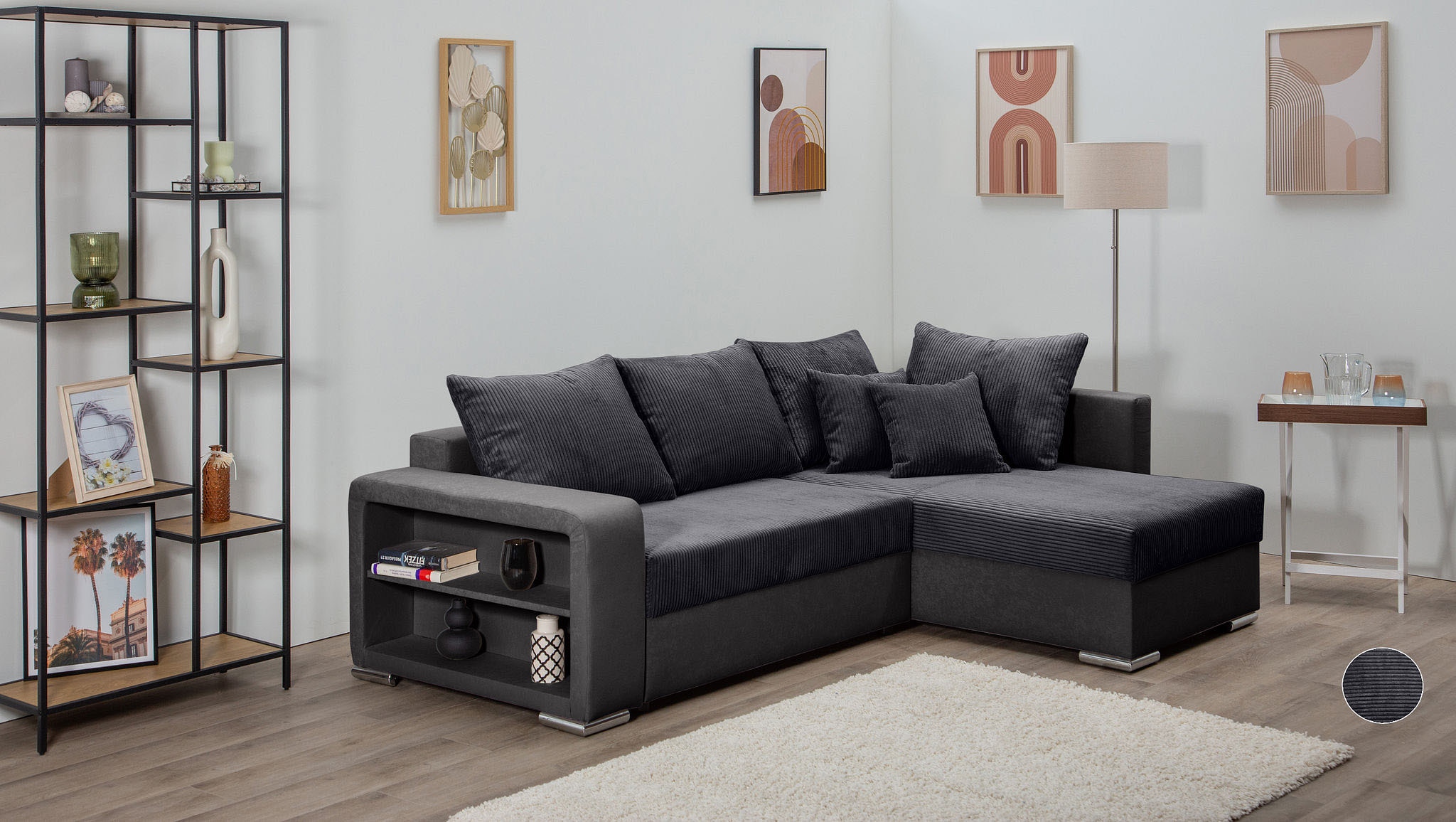 Image of COLLECTION AB Ecksofa "John L-Form, B: 226 cm" Bettfunktion, Bettkasten, Regalelement & 2 Zierkissen