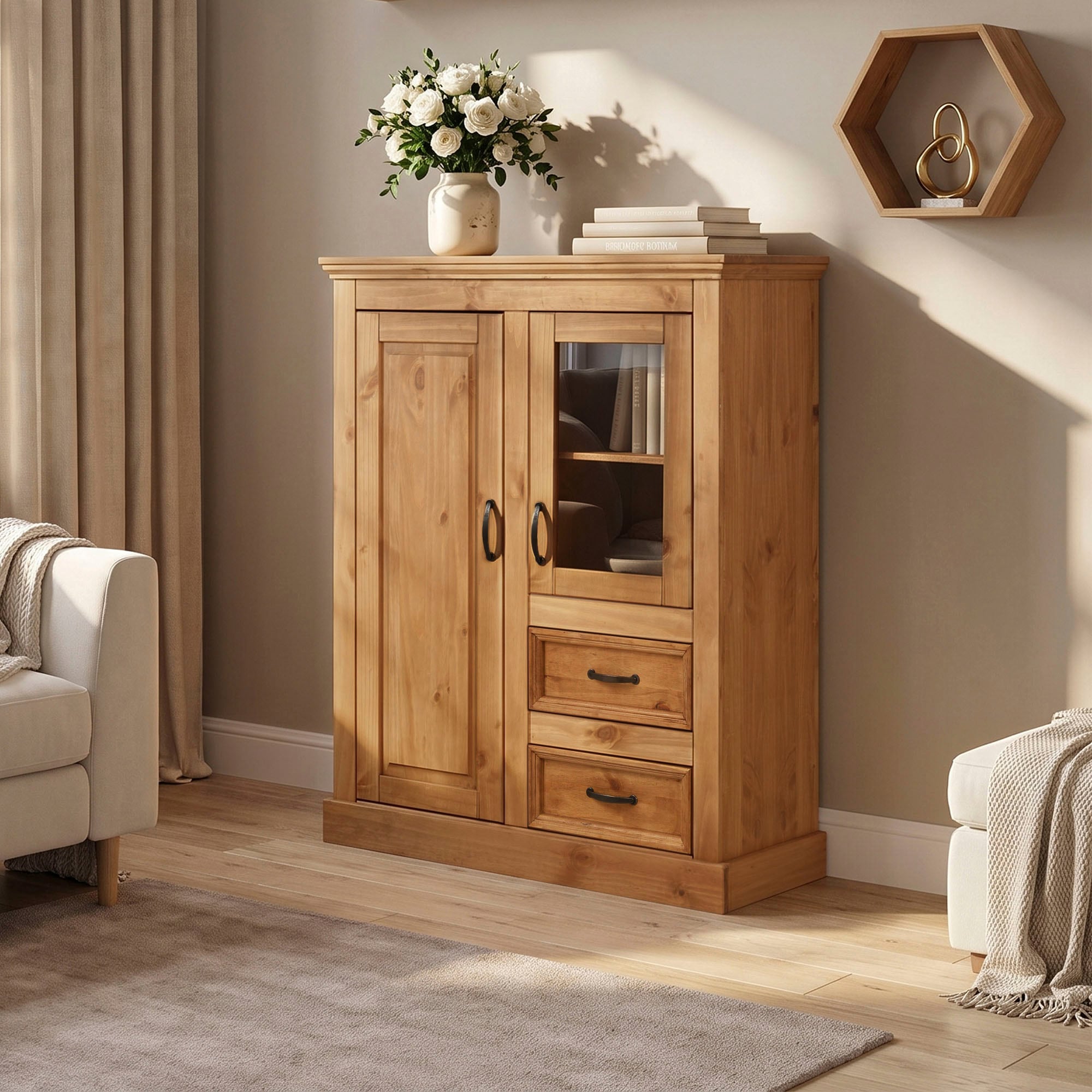 GOODproduct Highboard »Selma Kommode, Vitrine mit 2 Türen, 1 mit Glaseinsatz und 3 Schubladen« Vitrine mit natürlicher Maserung und Metallgriffen, 100cm breit