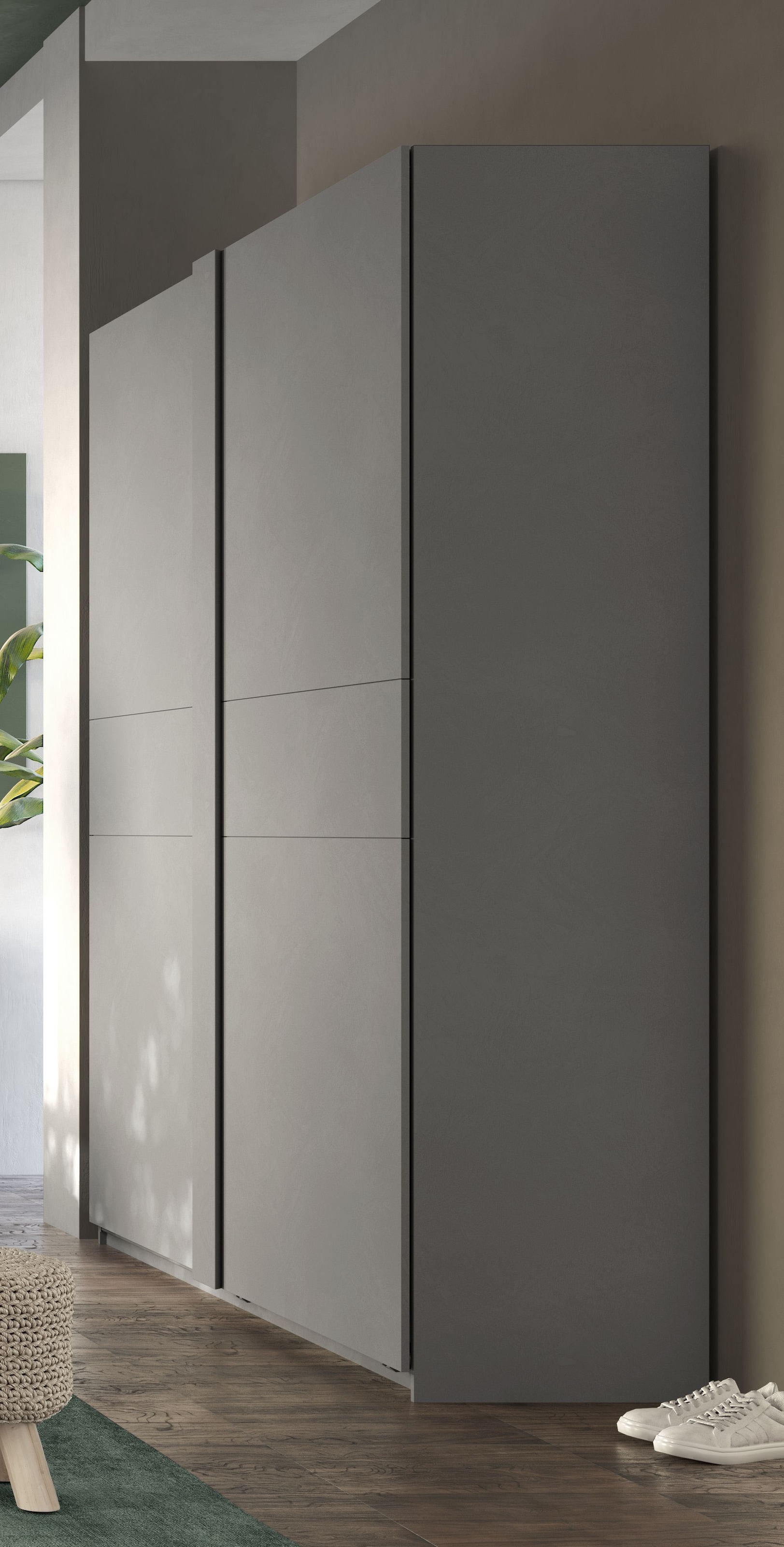 INOSIGN Schwebetürenschrank »Jupiter, Schiebetürenschrank in Steingrau« 2 Breiten, moderne Griffblende, Metallgriffleisten, 22 mm Böden