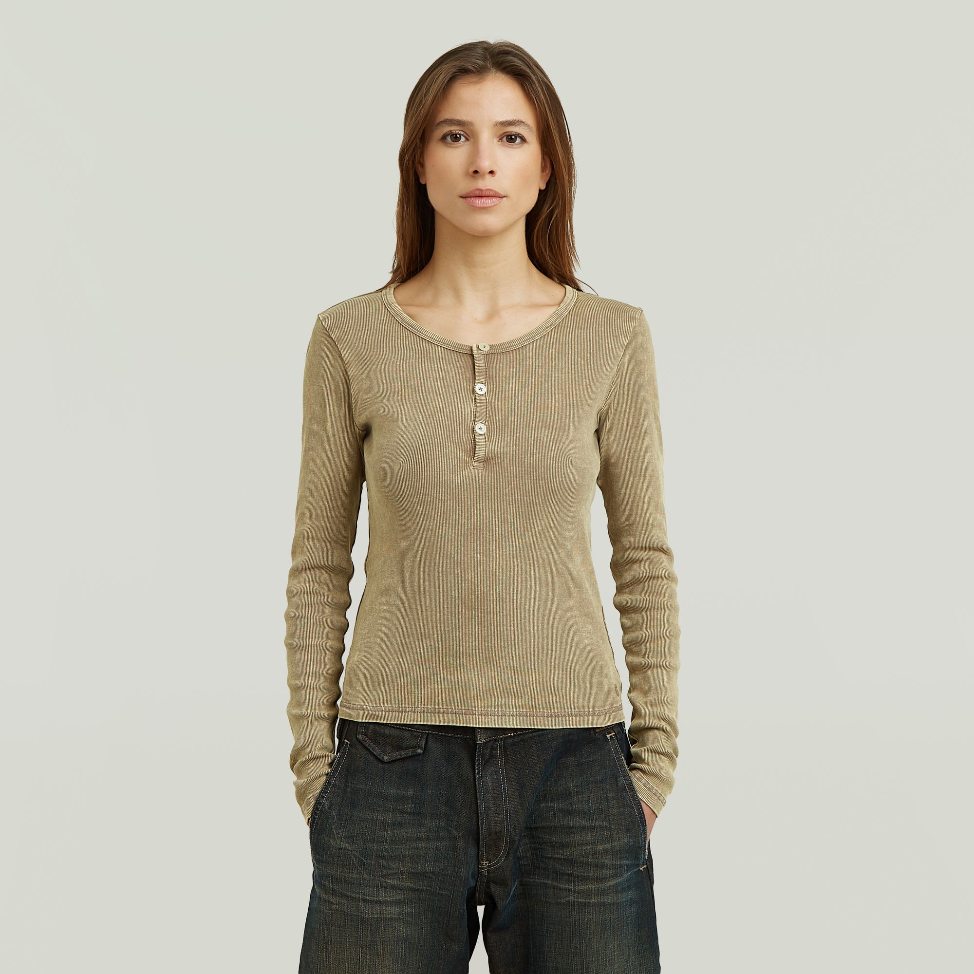 Image of G-STAR Langarmshirt "Vintage Slim Henley t ls wmn" mit Knopfleiste, Baumwollmix