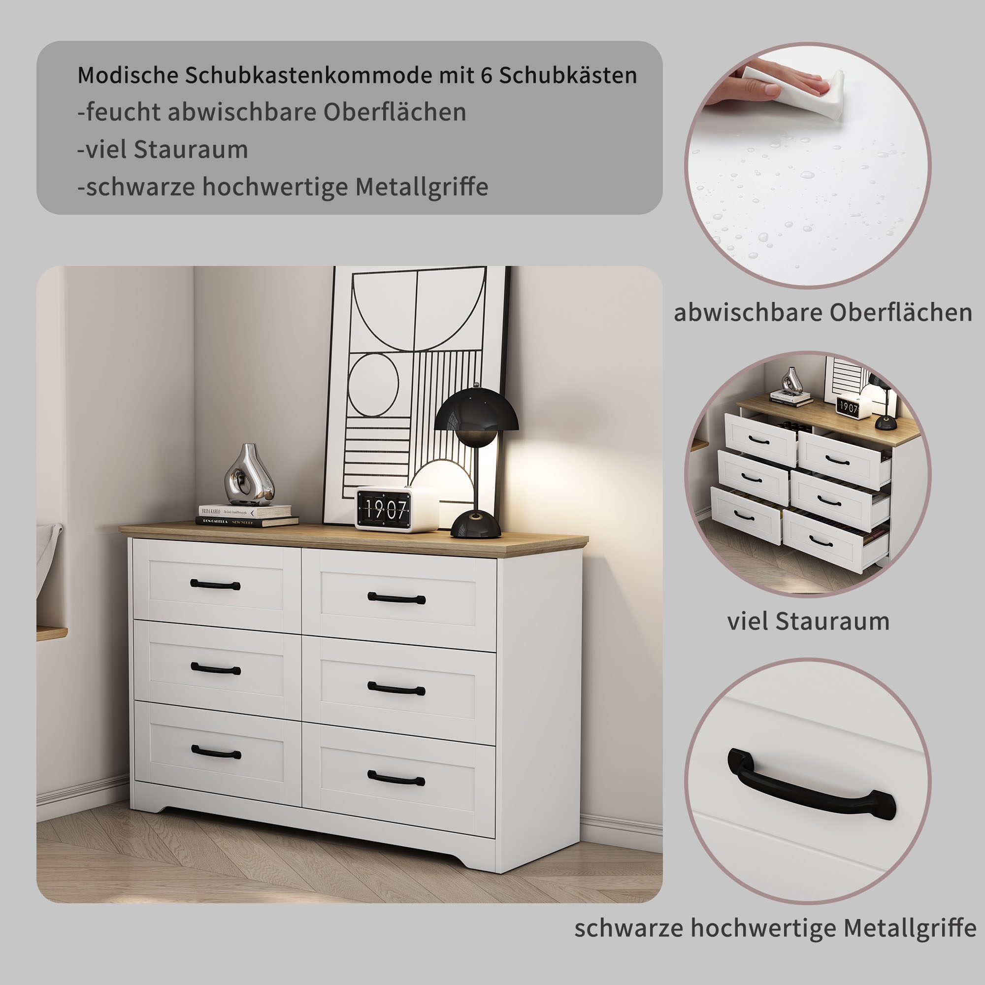 GOODproduct Schubkastenkommode »Emmilia Sideboard Schubladenschrank Wäscheschrank im Landhaus Design« Scandi Design mit 6 Schubladen für viel Stauraum im Schlafzimmer,  Schrankkommode in hochwertiger Qualität