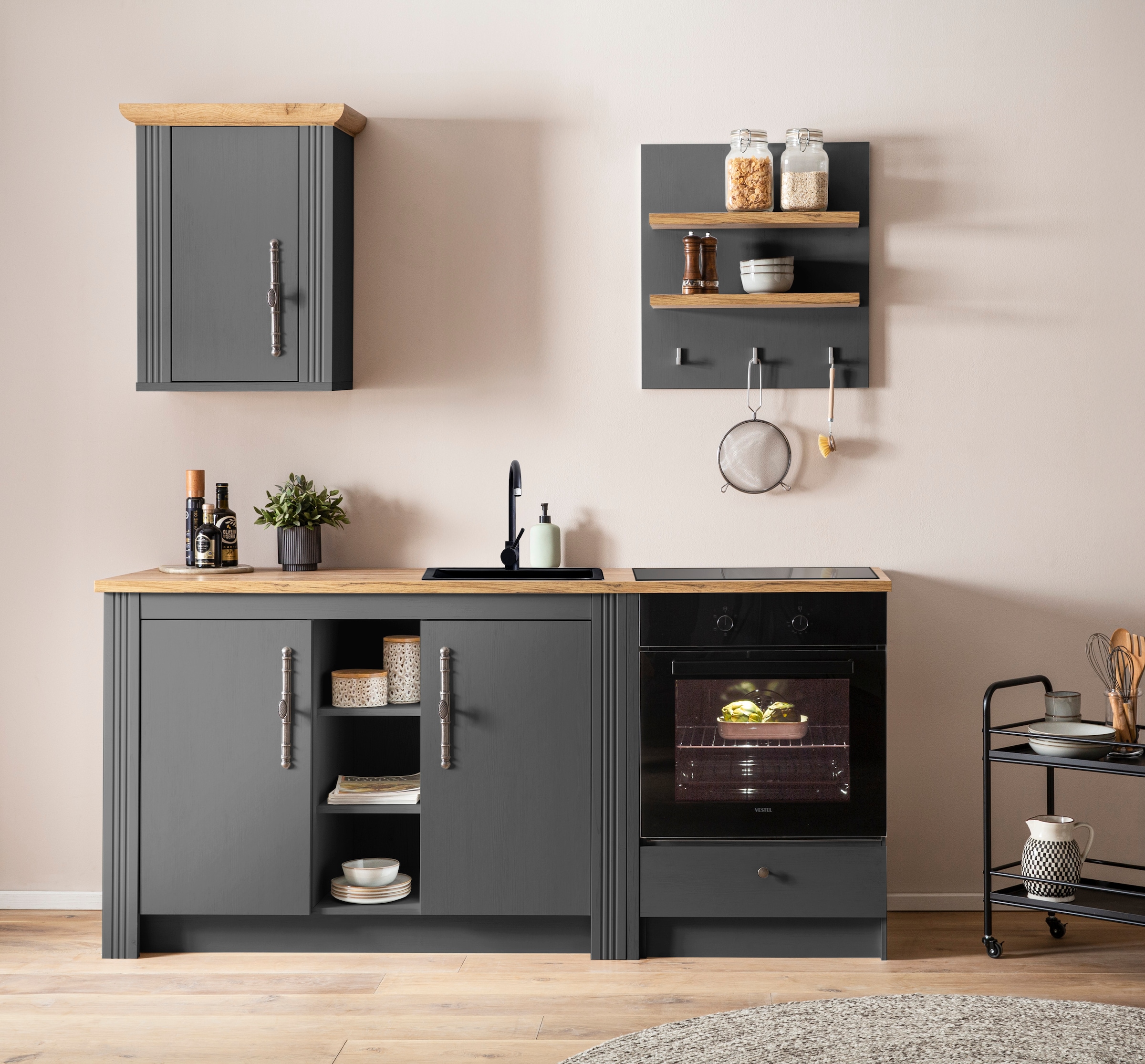 GOODproduct Küchenzeile »KS-Westminster, Pantryküche im Landhaus Stil, hochwertige Metallgriffe« Set,  Breite 194 cm, Kommode, Wandpaneel, Hängeschrank und Herdumbau