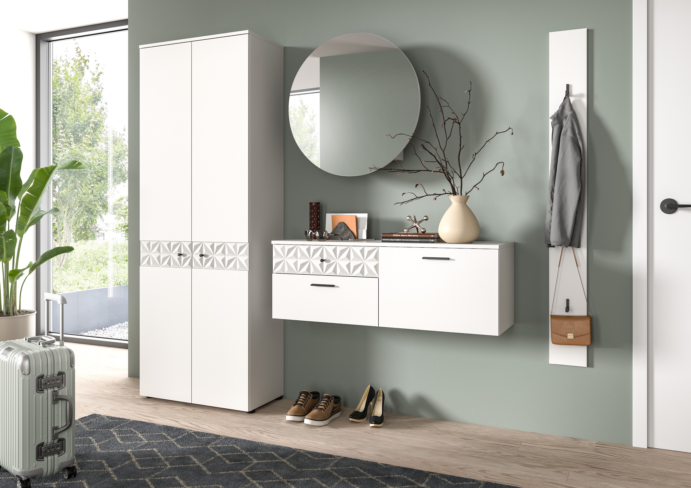 INOSIGN Garderoben-Set »VICENZA, 3-tlg., mit foraler Ornamentabsetzung in der Front«, (3 St.), best. aus.: Garderobenschrank, Schuhschrank und Spiegelschrank