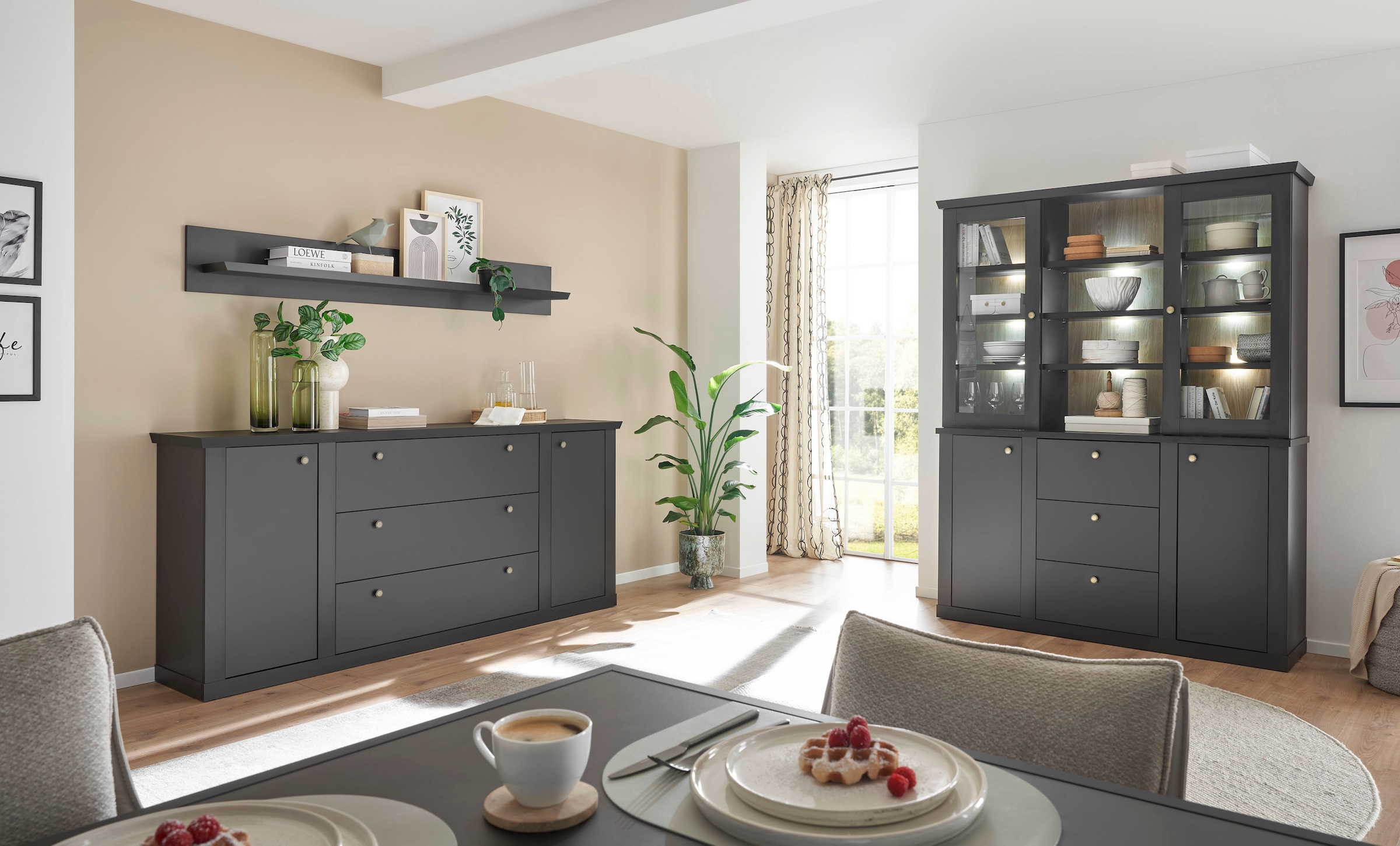 Home affaire Buffet »Lincoln, Hochschrank im Landhausstil, moderner Schrank« edles Design, messingfarbene Knopfgriffe, vielseitig einsetzbar