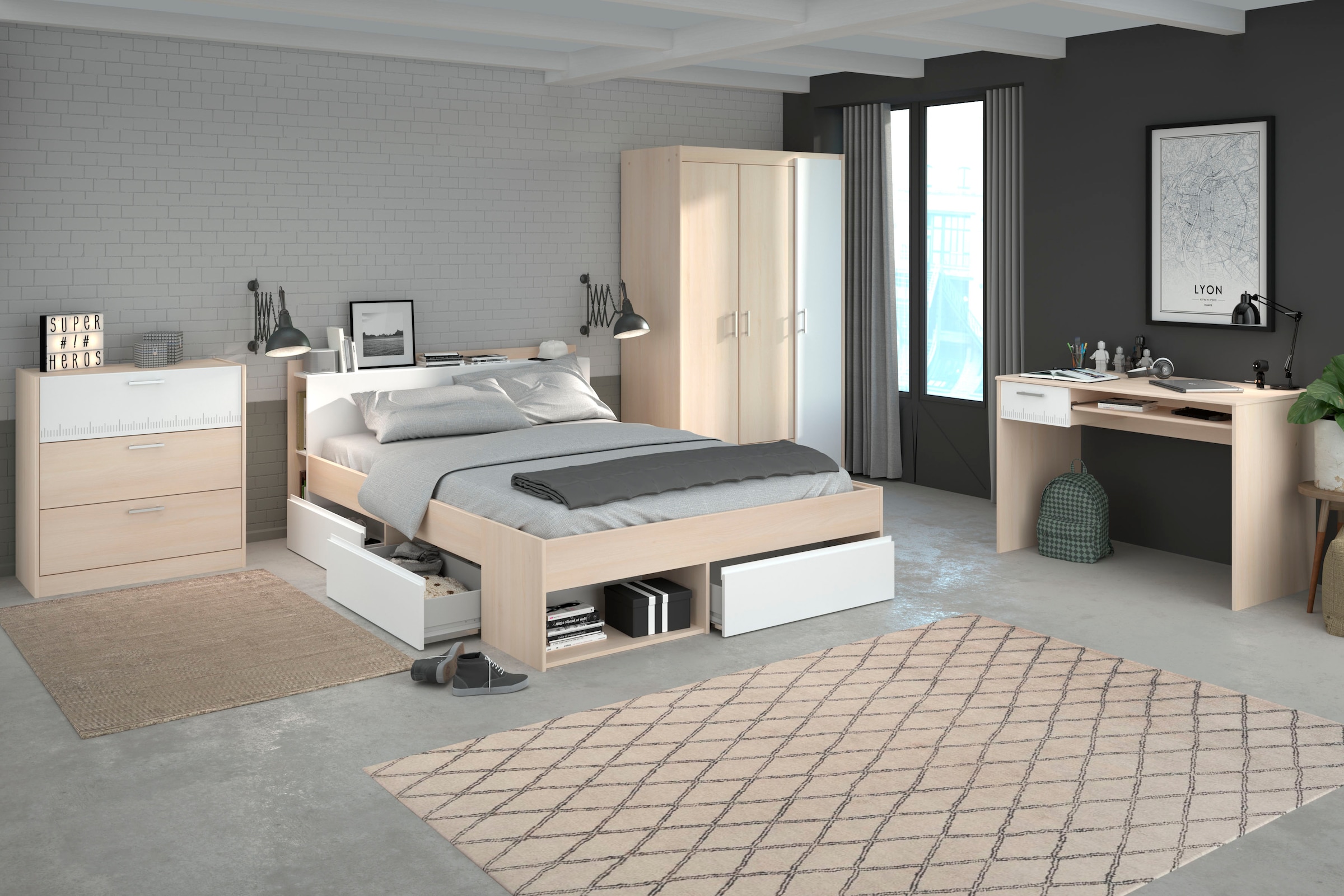 Jugendzimmer-Set »Most«, (Set, 4 tlg., Bett mit Schubkästen, Kleiderschrank,...