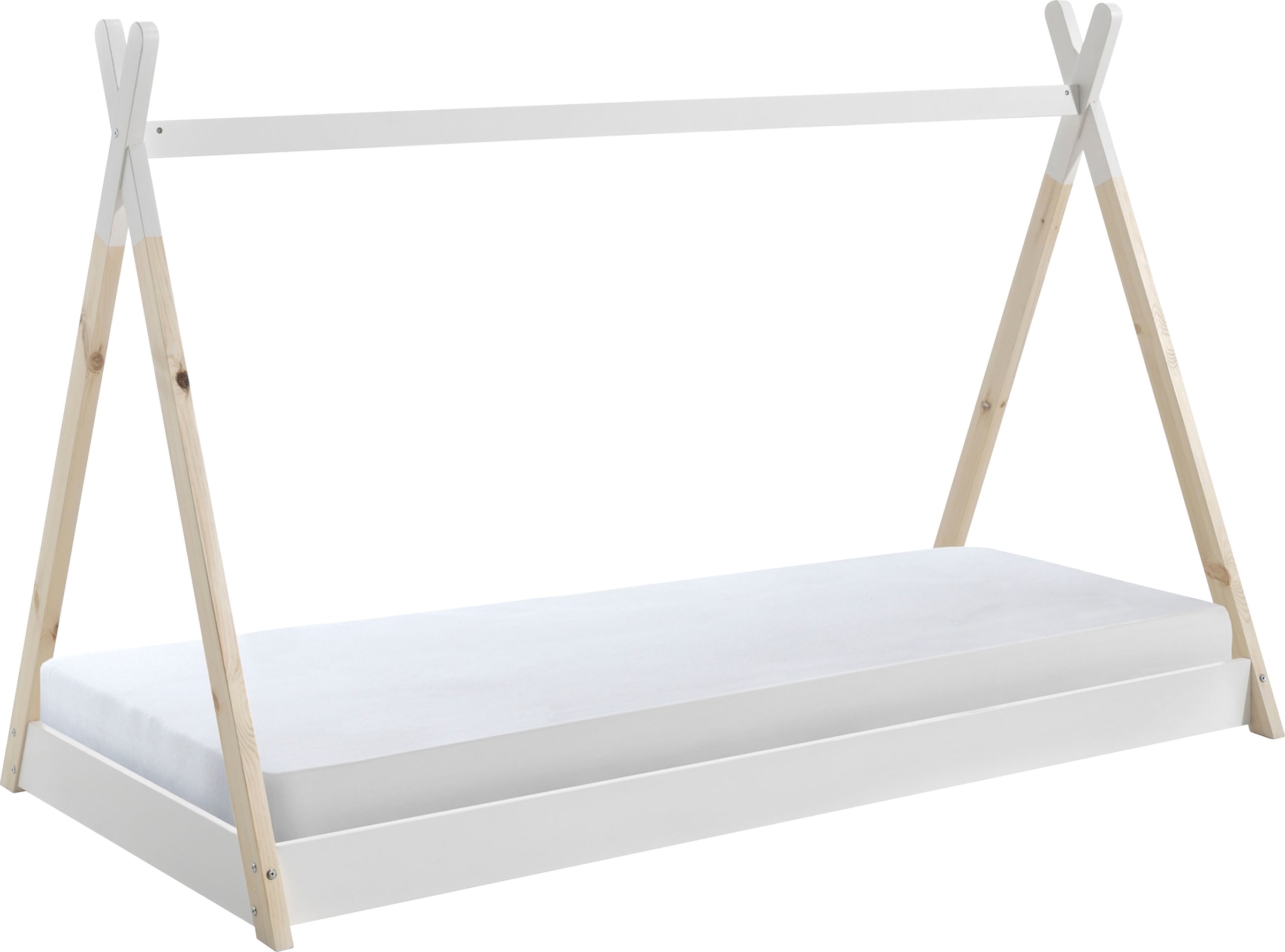 Vipack Kinderbett »TIPI, Kiefer massiv, 2-farbig lackiert, mit Rolllattenrost« B/H/T ca. 206x134,5x105,5cm, mit Textil-Zeltdach,  niedriger Betteinstieg, stabil gebaut