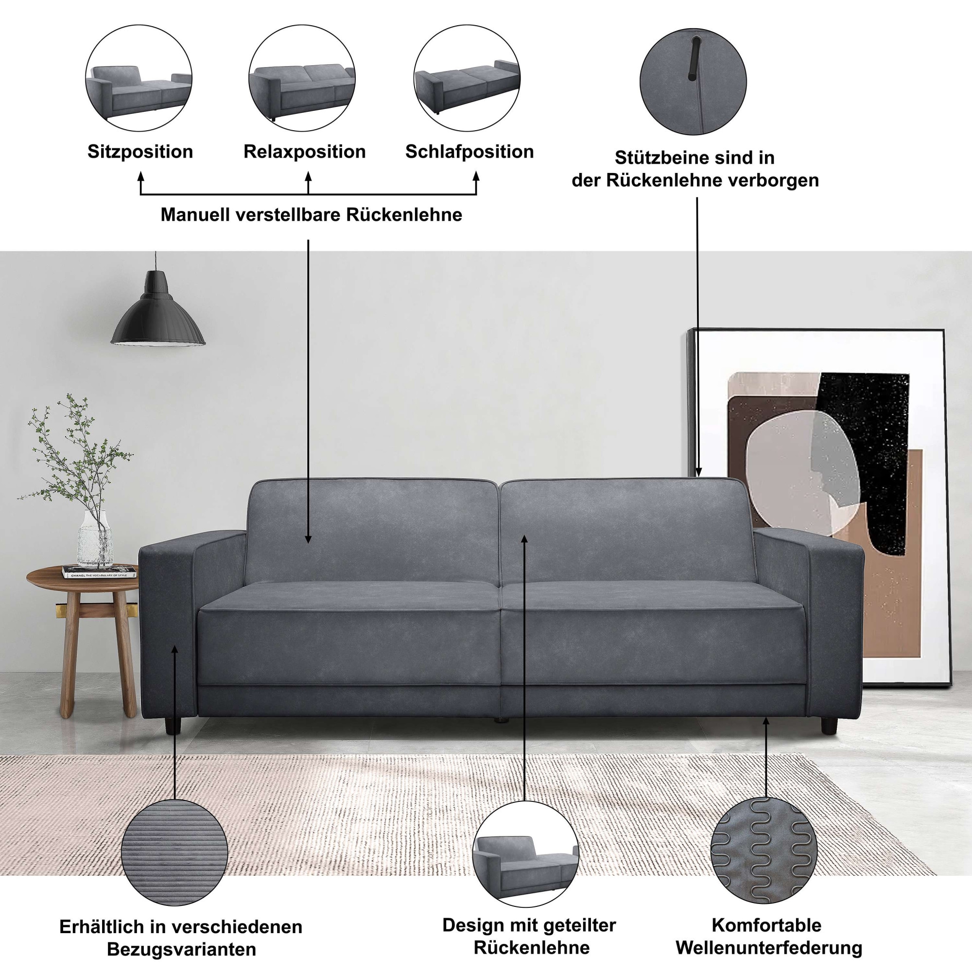Dorel Home 3-places »ALLIE Schlafsofa 225 cm« fonction lit (108/190cm), velours côtelé tendance ou velours facile d'entretien