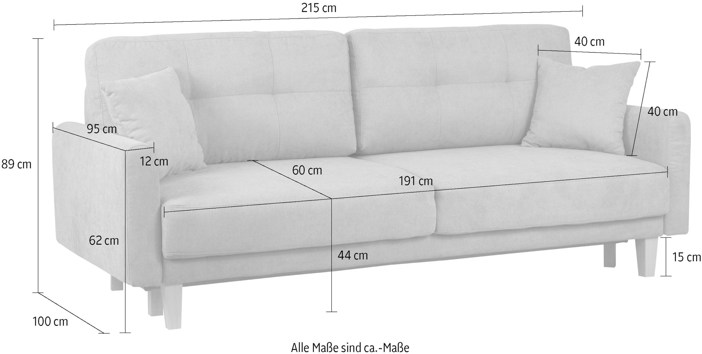 Home affaire 3-Sitzer »TRIPLO optionale Schlafsofa mit Bettkasten, Masse B/T/H: 215/100/89 cm«, Wahlweise Bettfunktion - Liegefläche 145x191 cm, Rücken-, Zierkissen