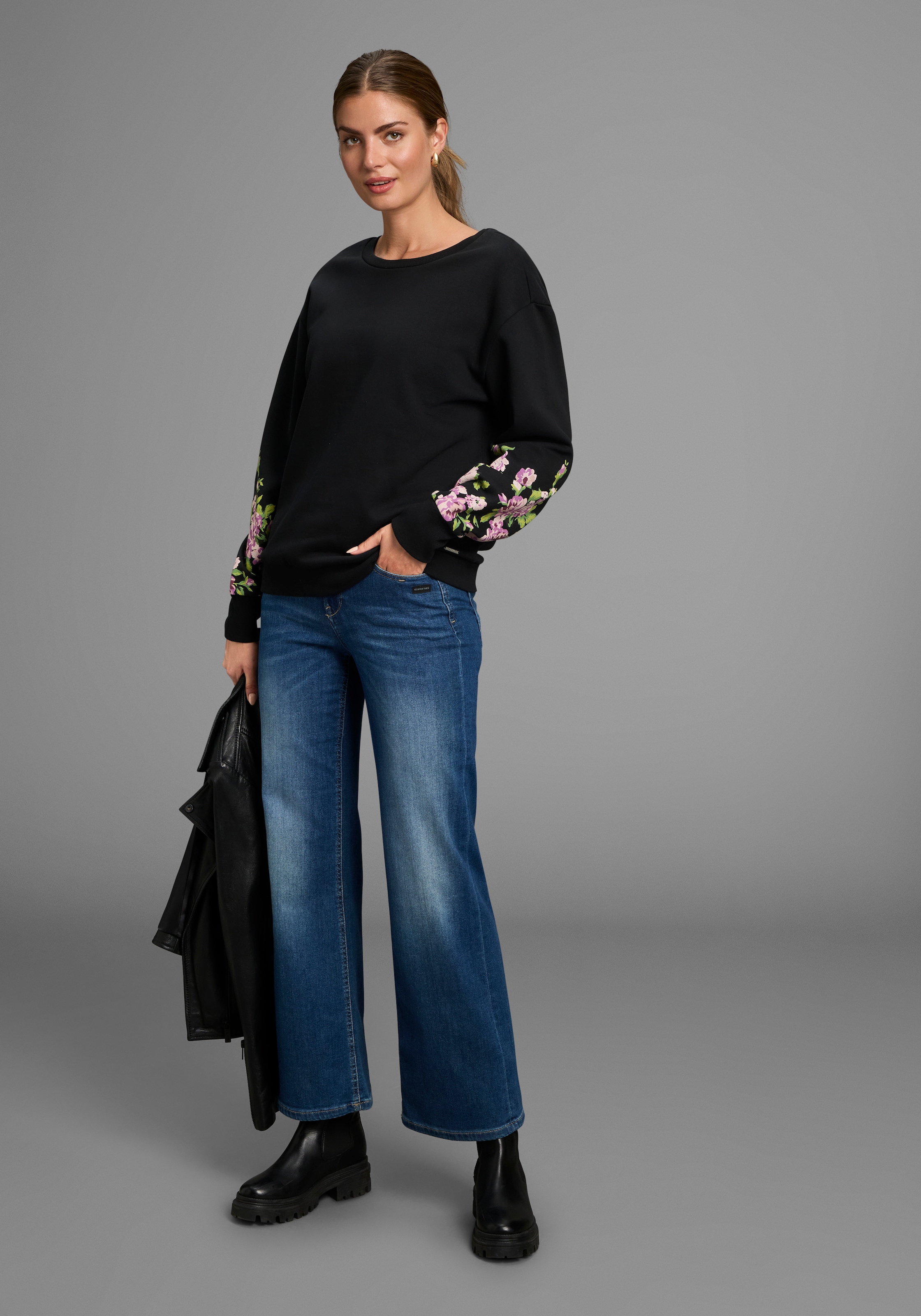 Laura Scott Sweater, Weiche Baumwollmischung mit Blumenprint auf den Ärmeln