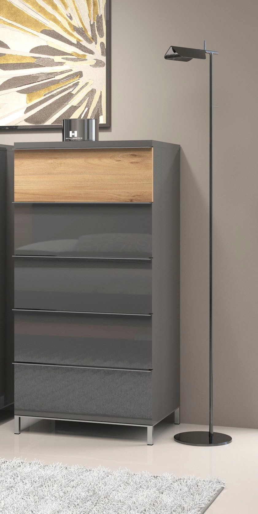 GOODproduct Buffet haut »Onyx, hohe Kommode mit 5 Schubladen, UV Lackierung Hochglanz« Matériau bois certifié FSC®,  commode à tiroirs avec fonction soft-close, dimensions (L/P/H) 60/45/123cm