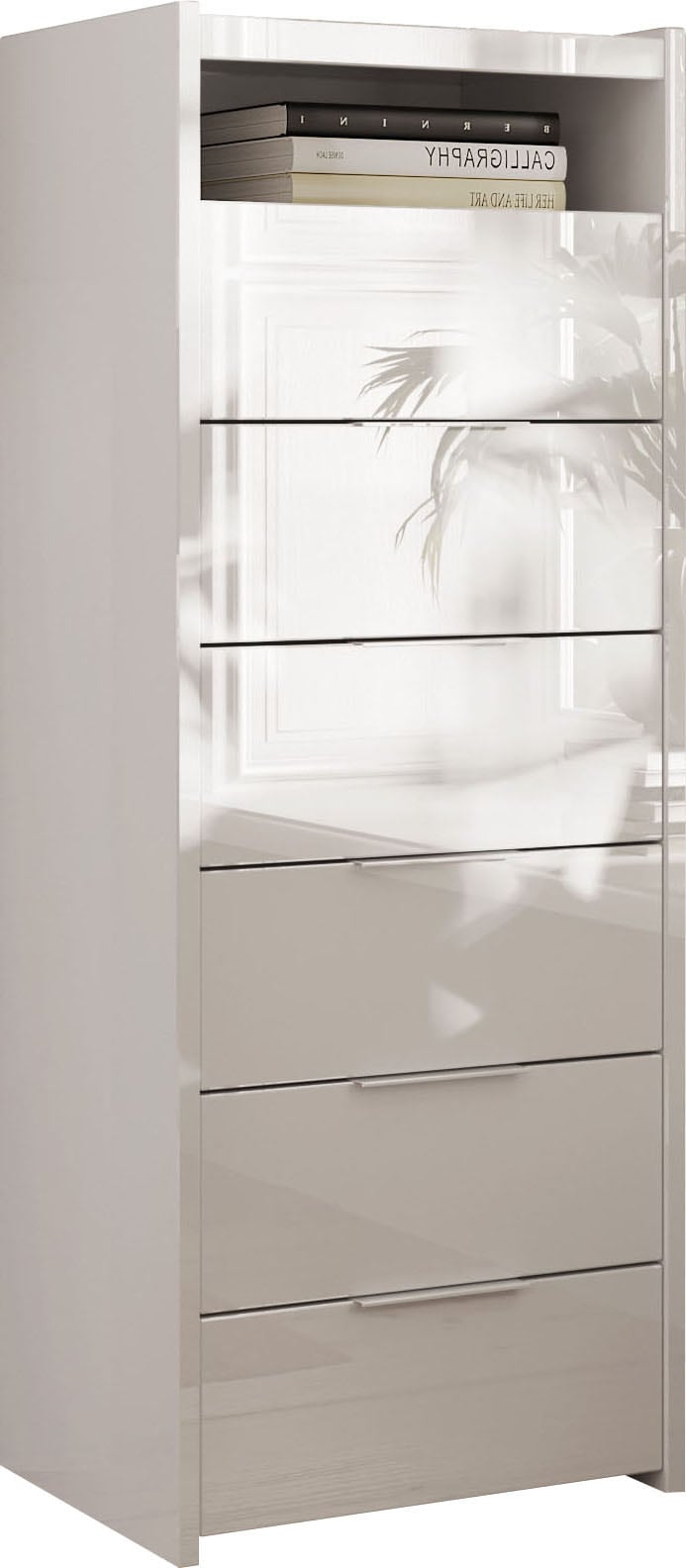 Image of Home affaire Kommode "Malmo, Schubkastenkommode B/T/H 52/40/135 cm, mit 6 Schubkästen," offene Ablage, Top 22 mm stark, Metallgriff, Weiss Hochglanz Lack