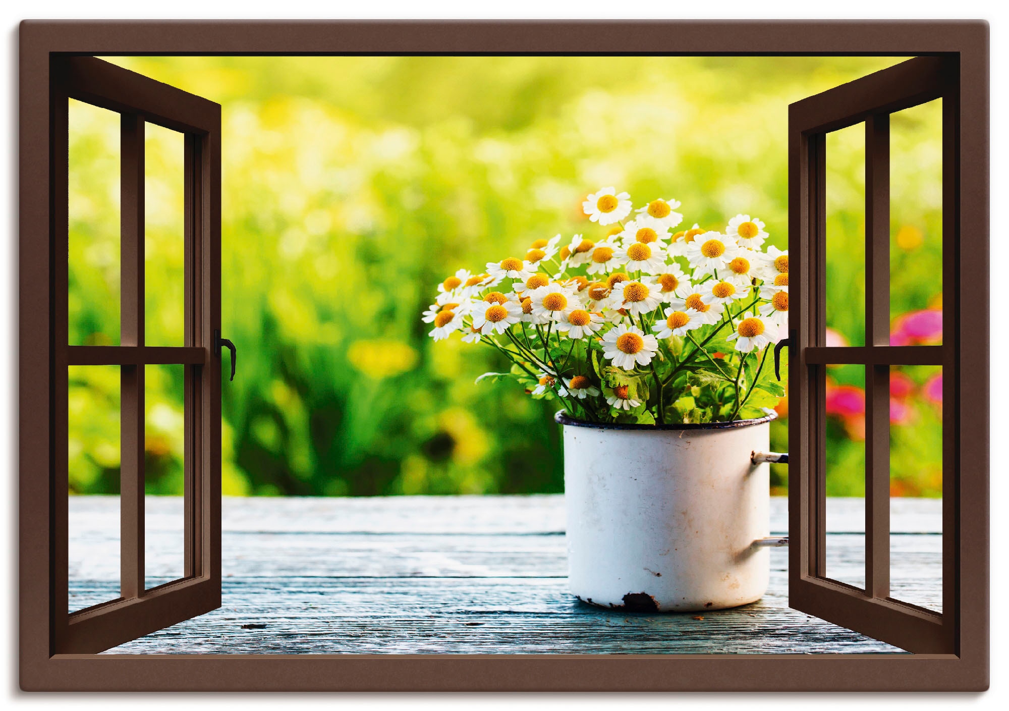Artland Wandbild »Fensterblick Garten in mit Blumen, als Poster Gänseblümchen«, versch. (1 Leinwandbild, oder Alubild, Grössen St.), Wandaufkleber kaufen
