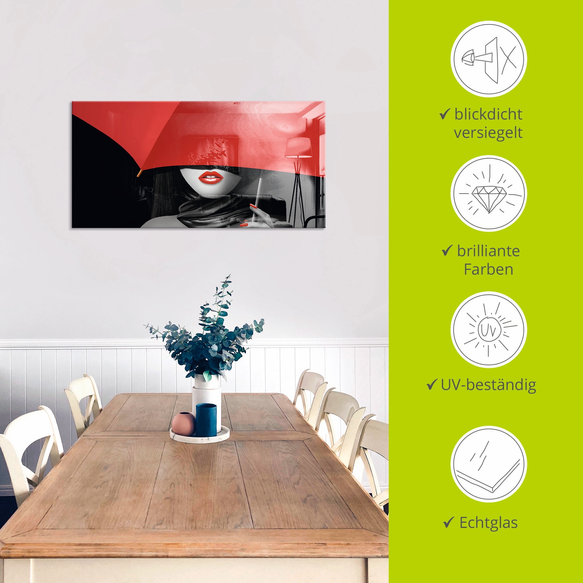 Artland Glasbild »Rote Lippen unter dem Regenschirm«, Frau, (1 St.), in verschiedenen Grössen