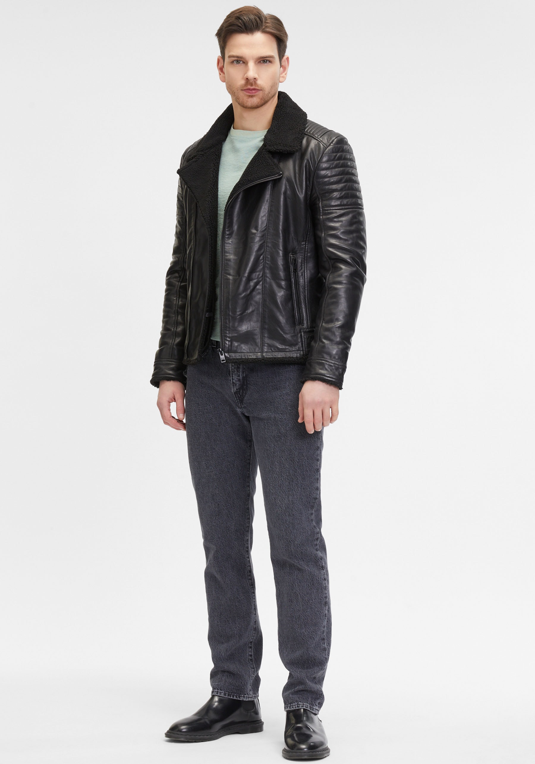 Mauritius Lederjacke »G2MIdor SF«, Reverskragenmit Fellimitat, asymetrischer Reissverschluss