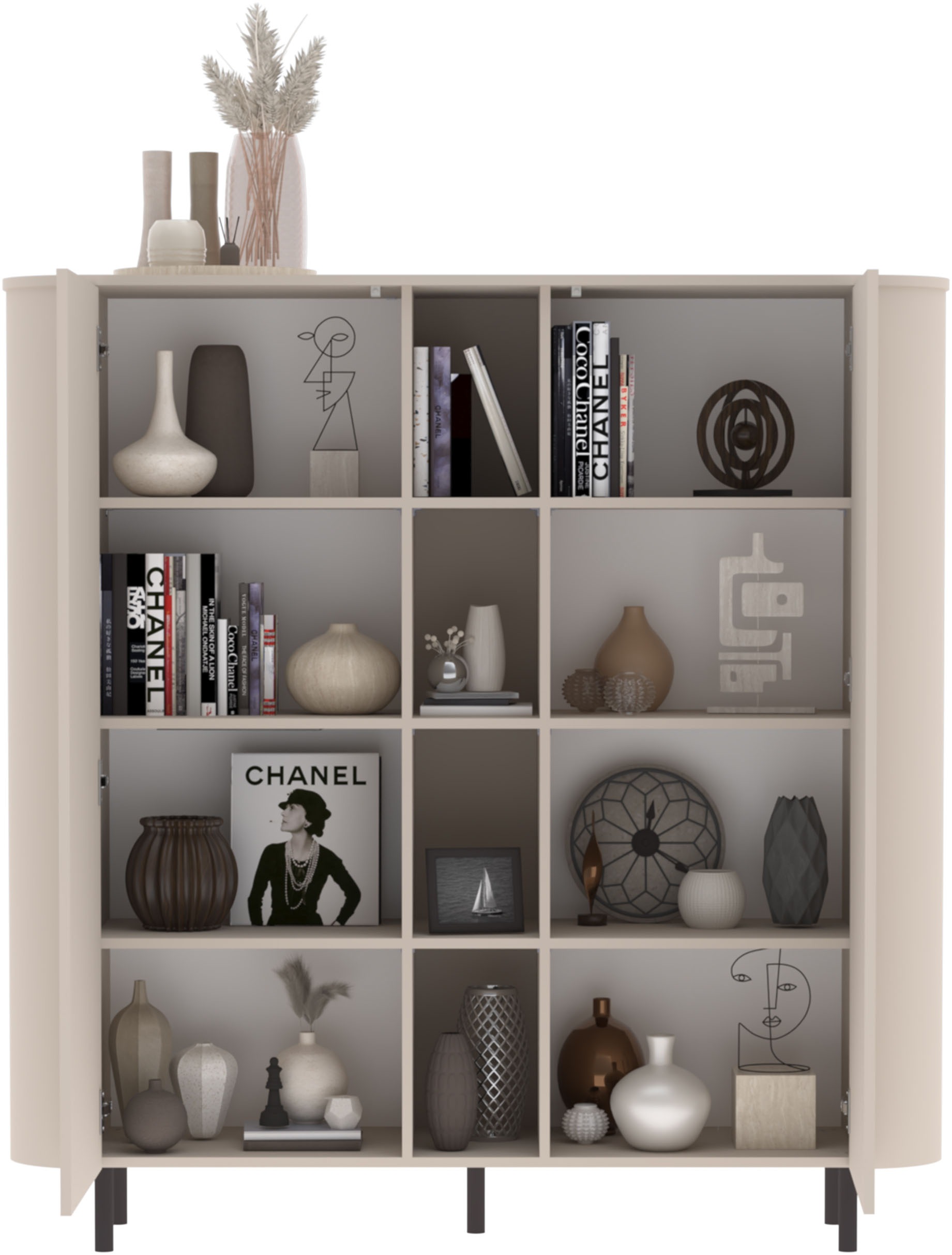 GOODproduct Highboard »Lido, B/H 150/154 cm, 2 Türen, 4 offene Fächer, Stauraumschrank« Formgebogenes MDF, Stirnseiten mit Rundung, Push-to-open, Metallfüsse