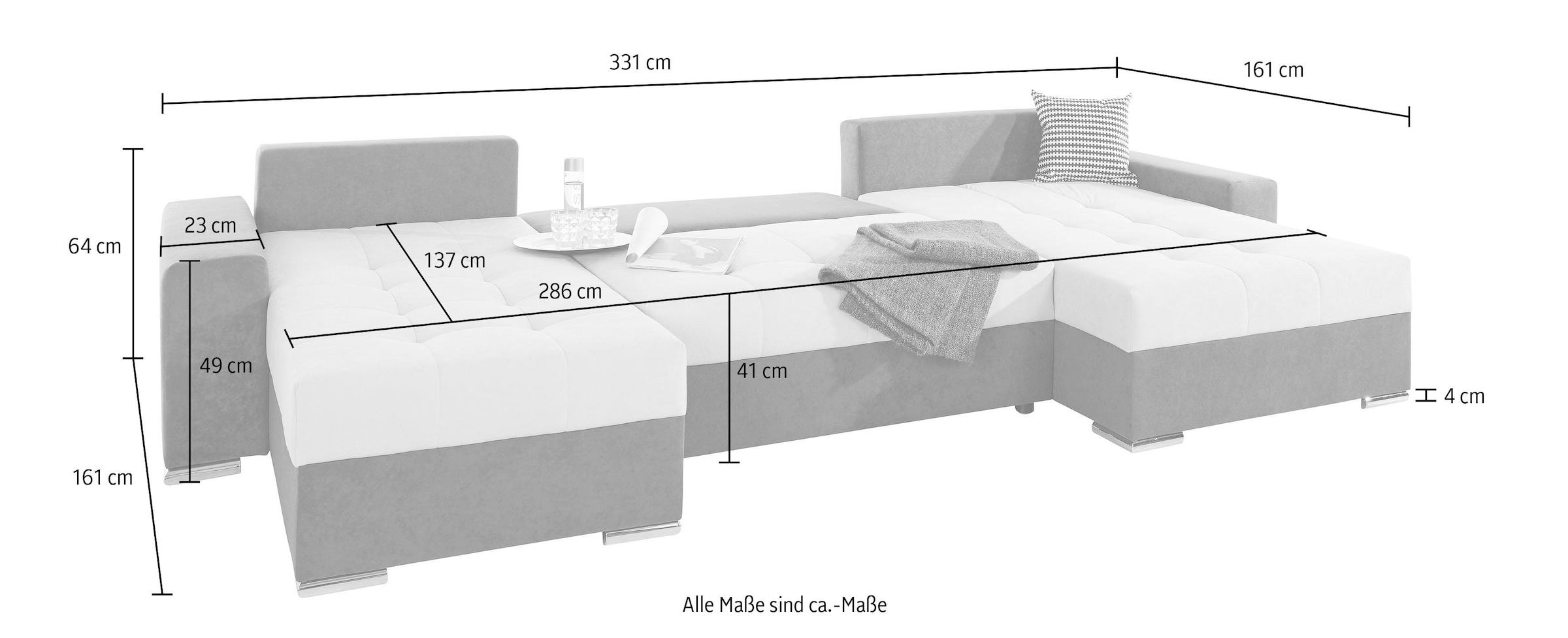 COLLECTION AB Wohnlandschaft »Josy U-Form«, inkl. Bettfunktion, Bettkasten und Zierkissen, mit XXL-Recamiere