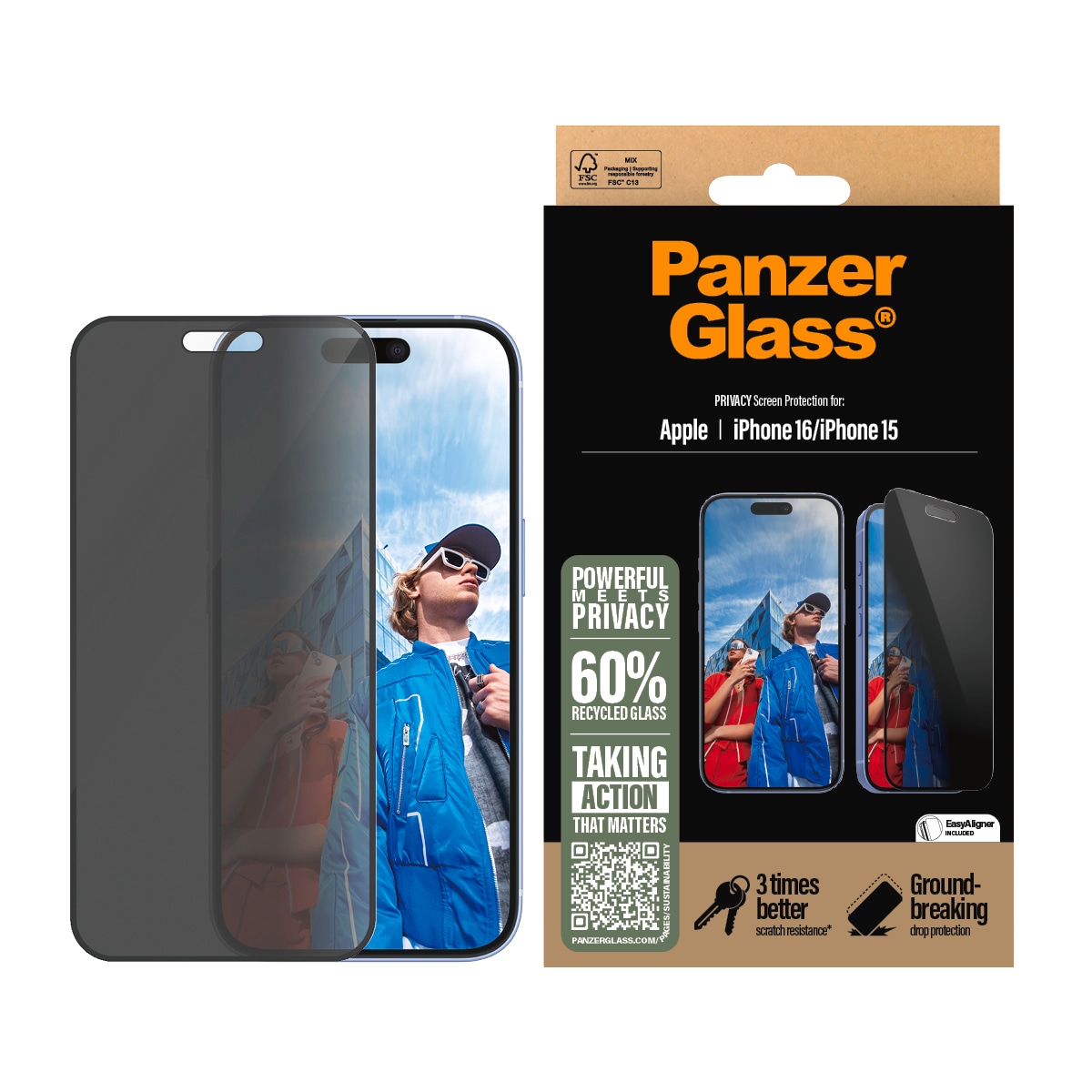 Image of PanzerGlass Displayschutzglas "Privacy Screen Protection" für Apple iPhone 16;Apple iPhone 15 Displayschutzfolie, Schutzfolie, Bildschirmschutz, kratz- & stossfest