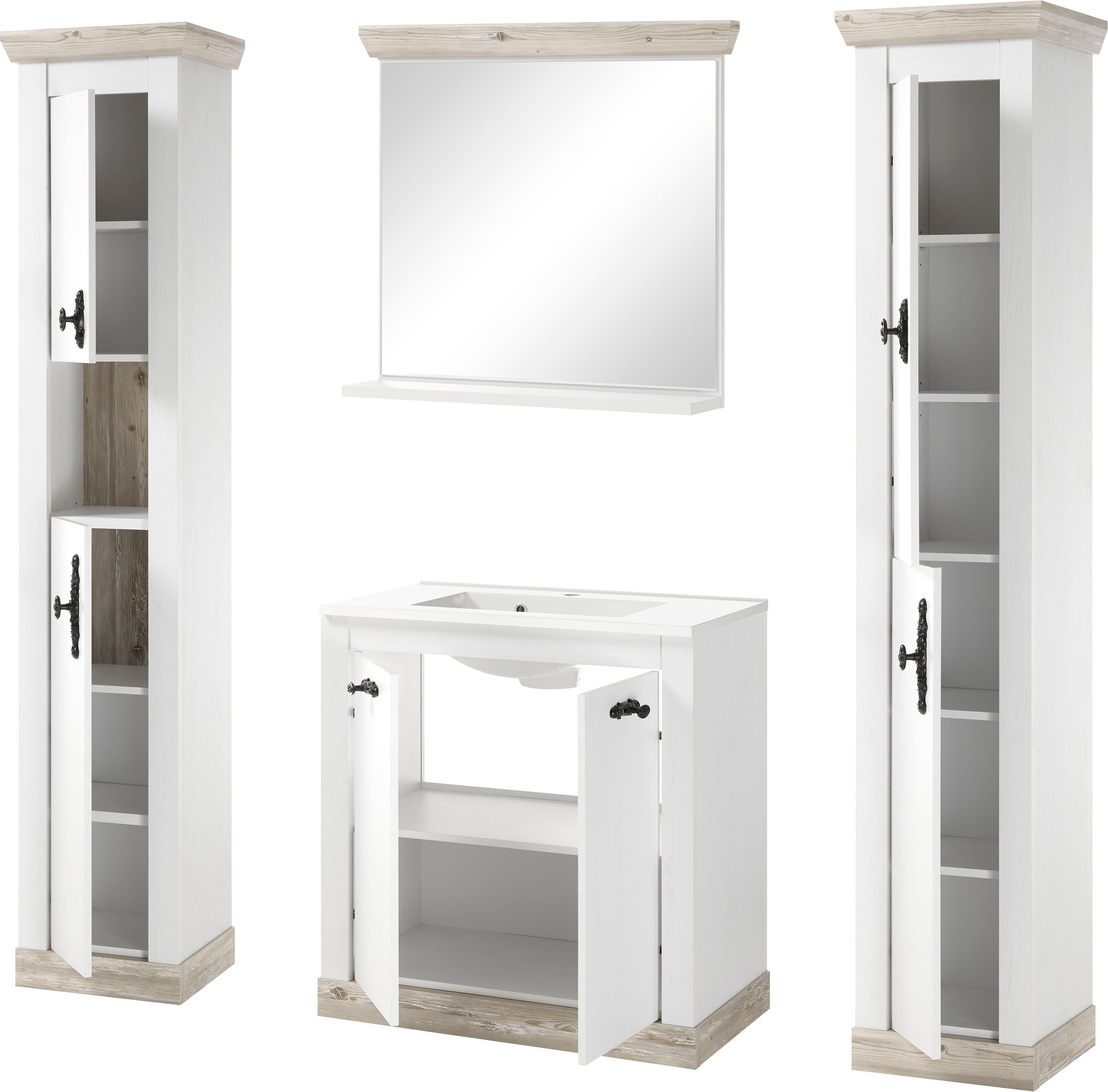 Home affaire Badmöbel-Set »Florenz, Bad im Landhausstil, 4-teiliges Badezimmer«, (4 St.), Waschtisch, Schränke und Spiegel mit Ablage, in Pinie Weiss, Stauraum