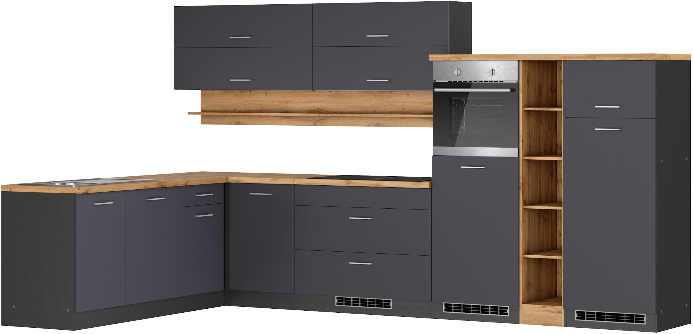 KOCHSTATION Cuisine d'angle »KS-Milan, optional mit Muldenlüfter« dimensions 360/220 cm, avec appareils électriques en option, plaque de cuisson avec hotte intégrée