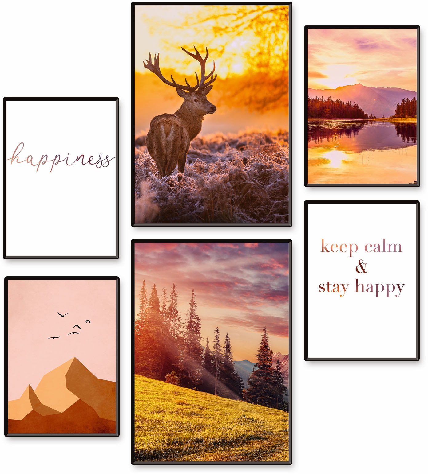 Poster »Natur im Sonnenuntergang«, Berge & Alpenbilder, (Set, 6 St.), 6er Set, 2xDIN...