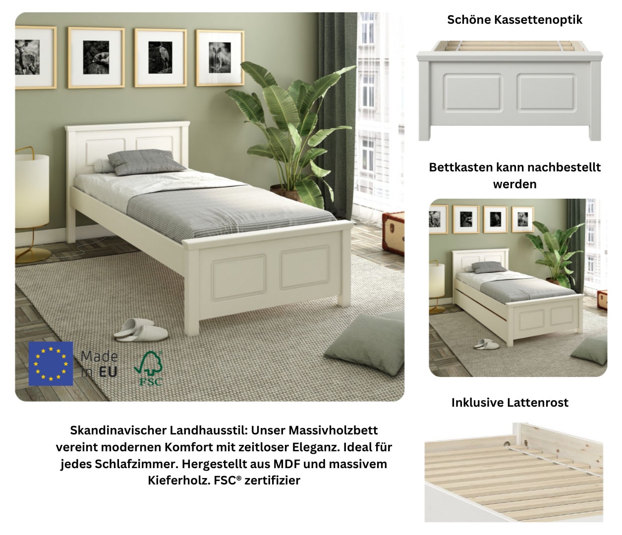 GOODproduct Massivholzbett »"ERIK" , Made in Europe, optional mit Schublade, Massivholz Kiefer« FSC® zertifiziert,  in mehreren Grössen, Landhausstil mit Kassettenoptik