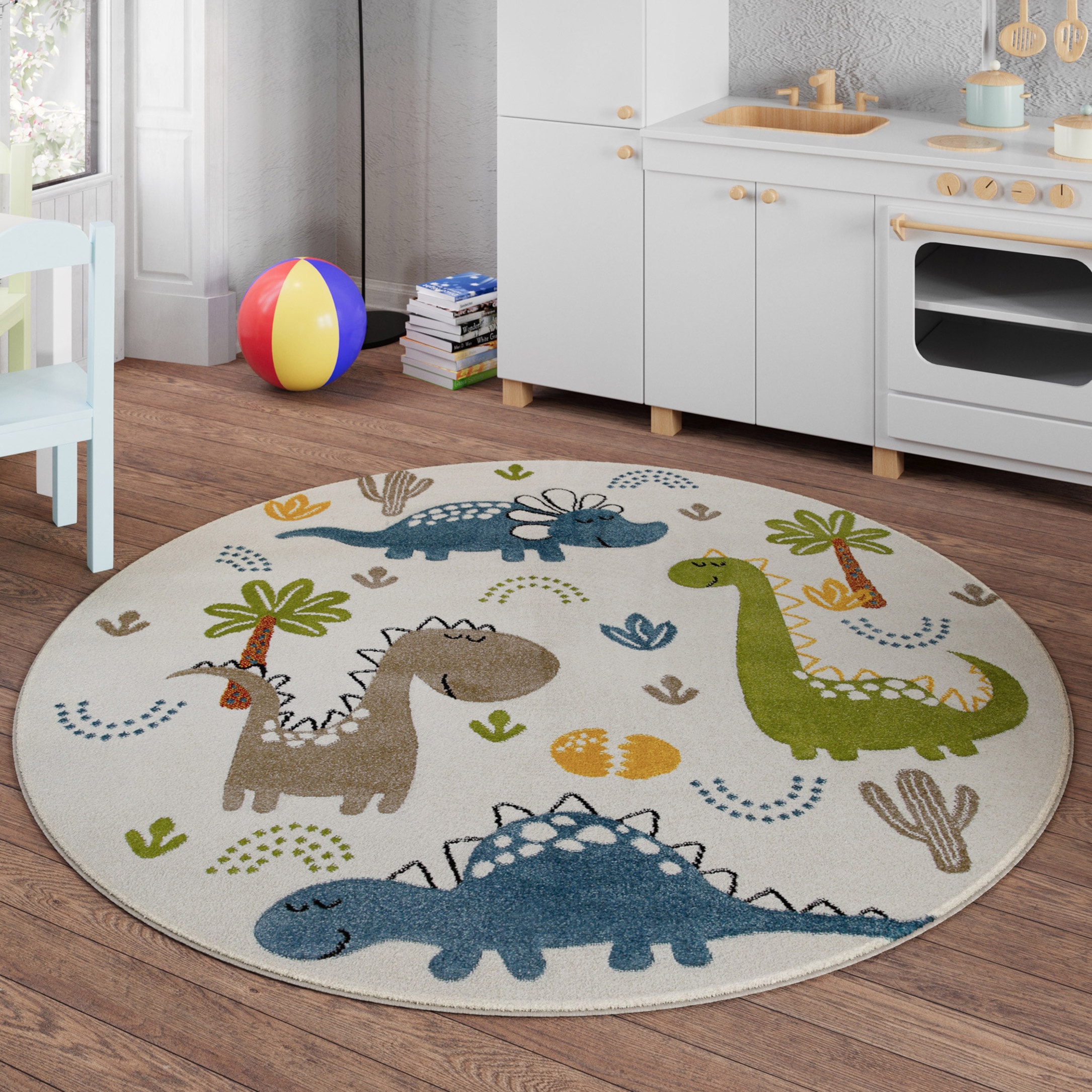Image of SMART KIDS Kinderteppich "Dino & Friends" rund 10 mm Höhe Moderner Spielteppich, strapazierfähig, pflegeleicht, Konturenschnitt