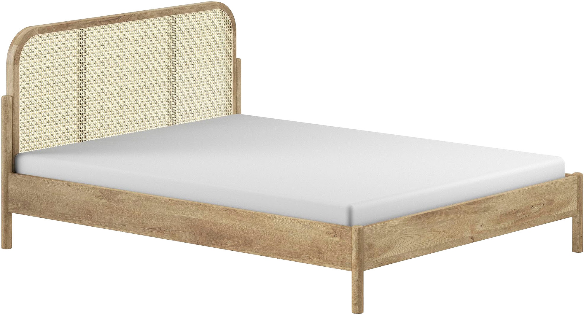 Image of Vipack Bettgestell "Olive, Bettpfosten Eiche massiv und furnierten Bettseiten" mit hochwertigem Rattan-Geflecht Kopfteil, Rahmen Eiche massiv, ohne Lattenrost, mit höhenverstellbarem Rahmenbeschlag, drei Breiten