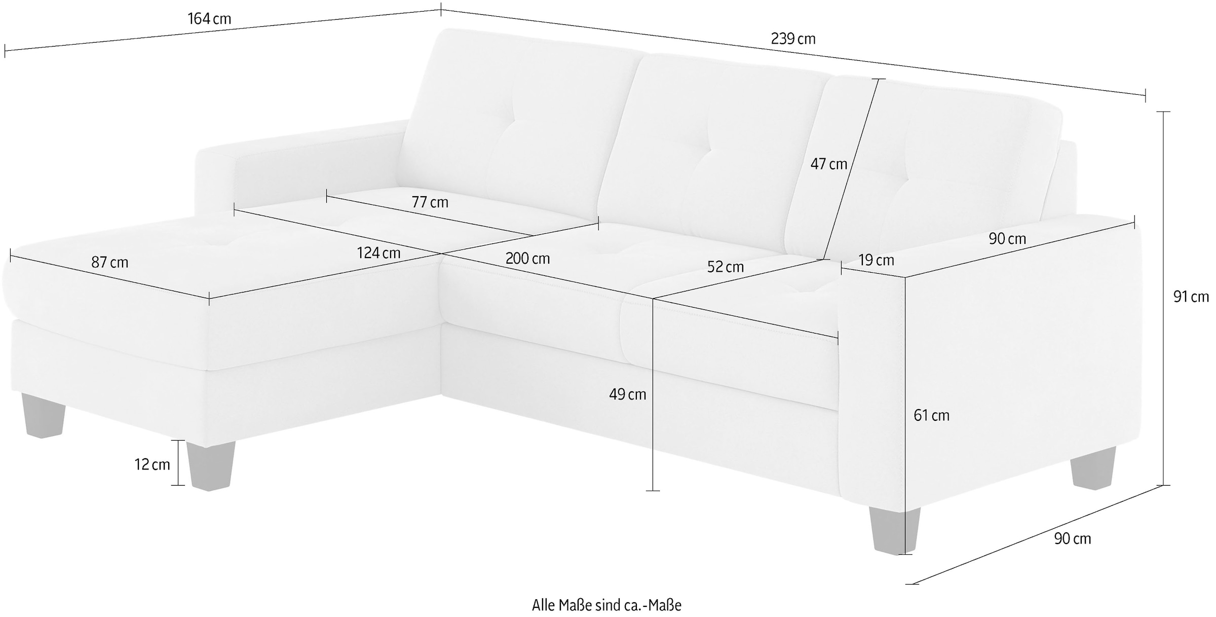 Places of Style Ecksofa »Varese L-Form«, wahlweise mit Bettfunktion und Bettkasten