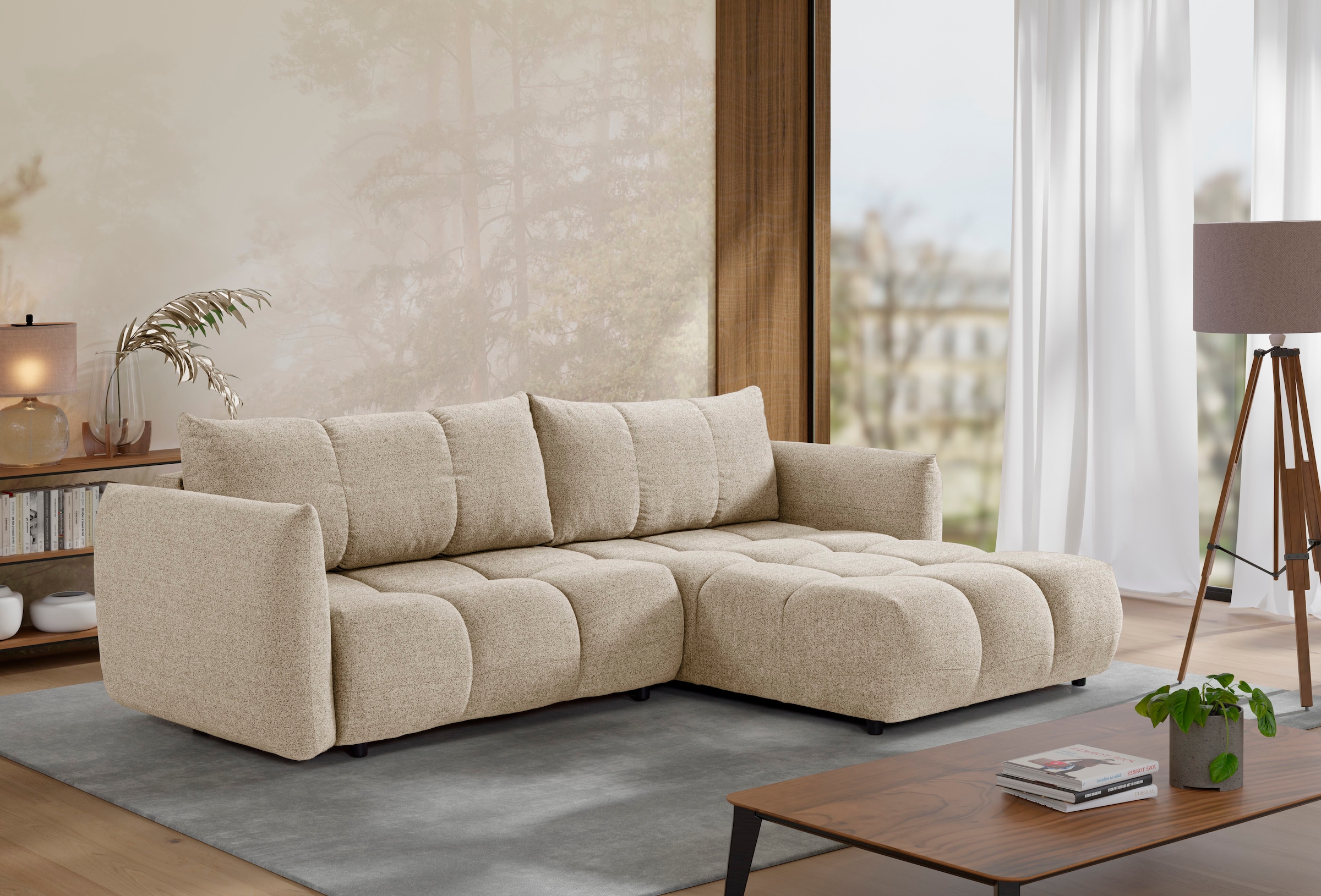 exxpo - sofa fashion Canapé d'angle »Livonia, B/T: 260/187, modern & praktisch für kleine Räume« Mit Bettfunktion & Bettkasten,hoher Sitzkomfort,inkl. Steppung, L-Form